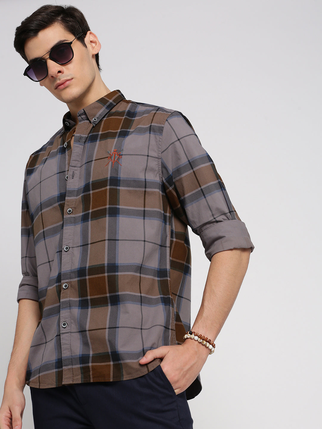 Men Grey Spread Collar Tartan Checks Shirt