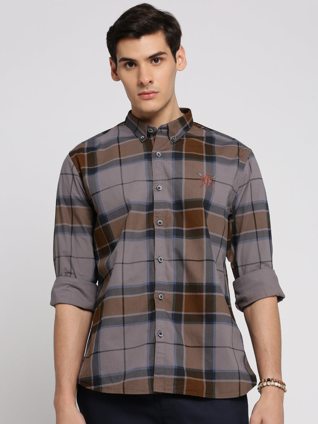 Men Grey Spread Collar Tartan Checks Shirt