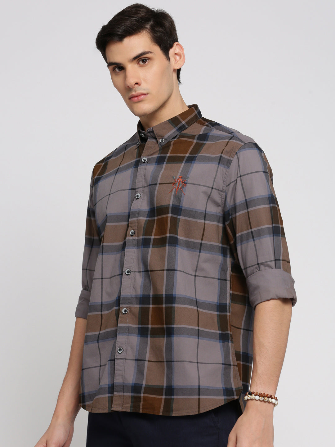 Men Grey Spread Collar Tartan Checks Shirt