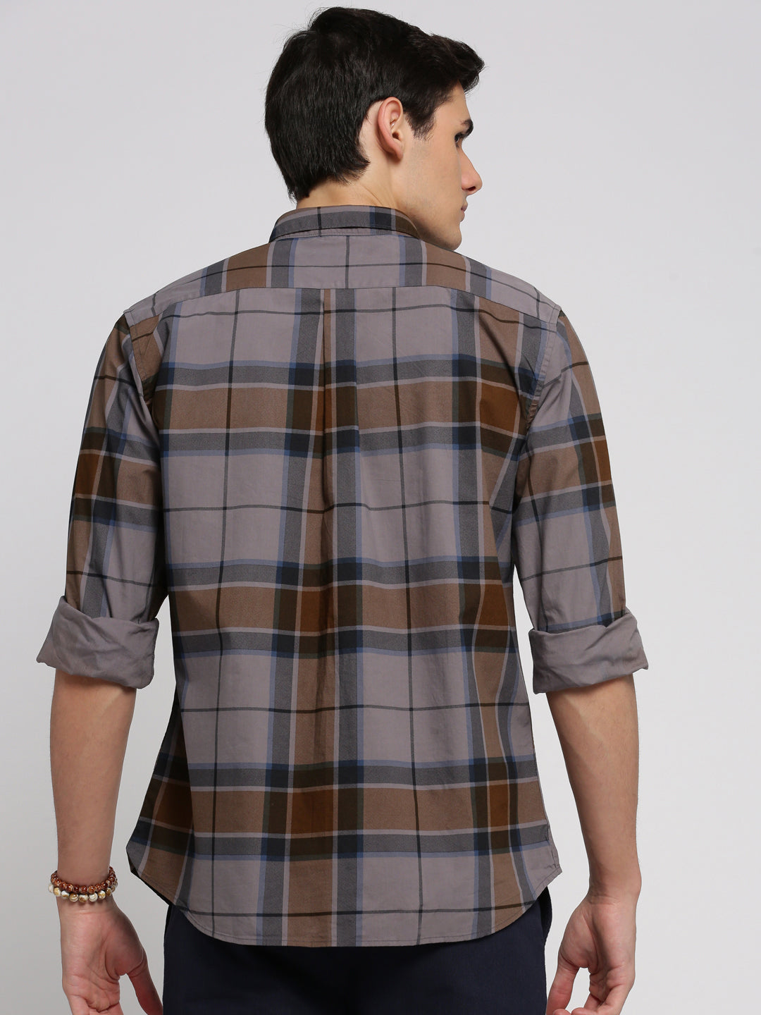 Men Grey Spread Collar Tartan Checks Shirt