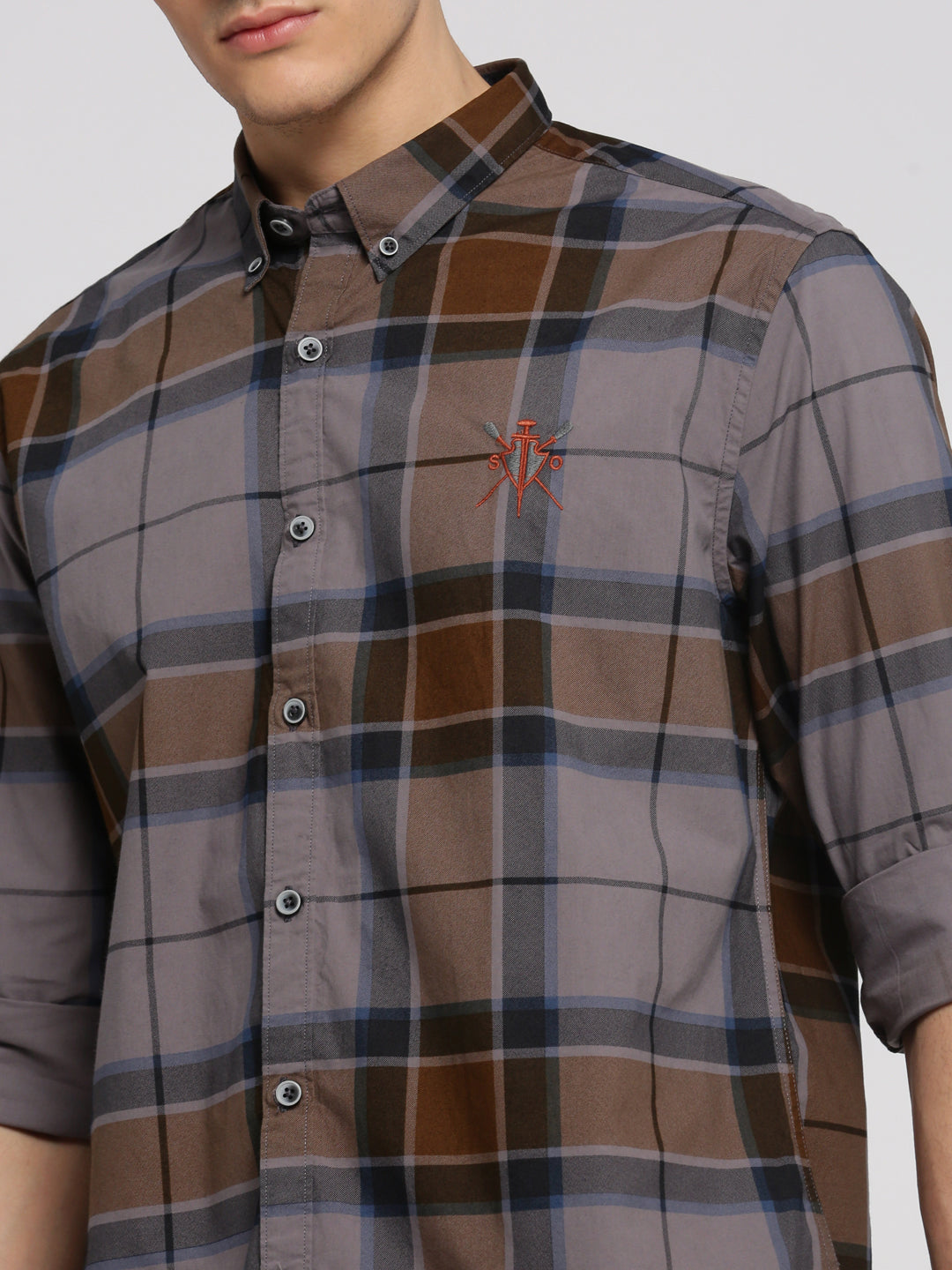 Men Grey Spread Collar Tartan Checks Shirt