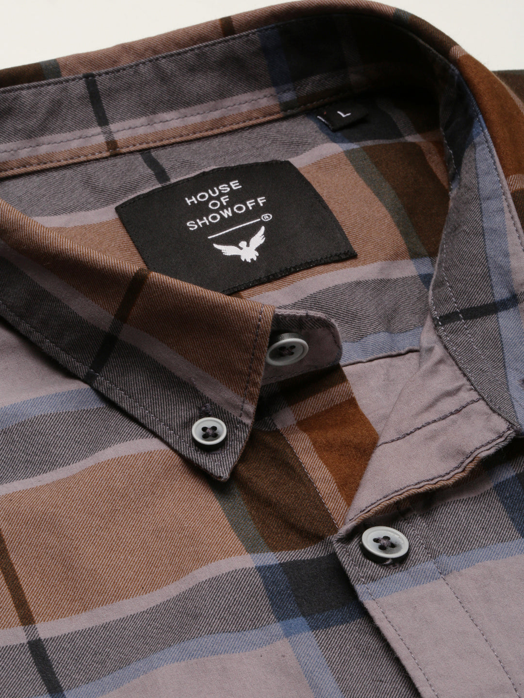 Men Grey Spread Collar Tartan Checks Shirt