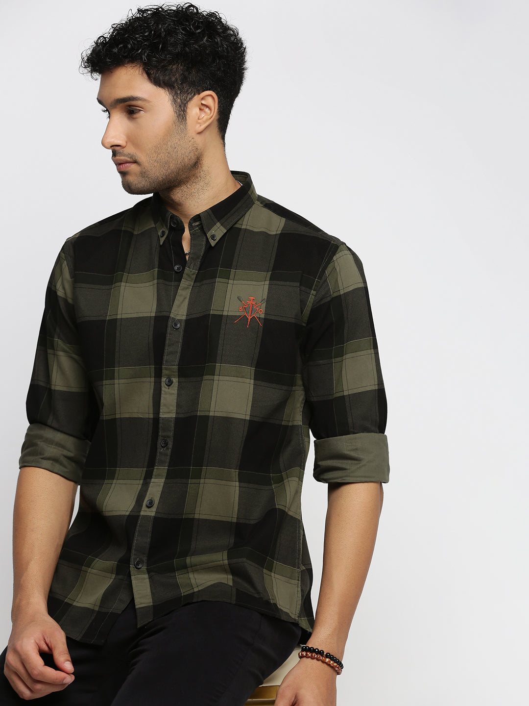 Men Black Spread Collar Tartan Checks Shirt