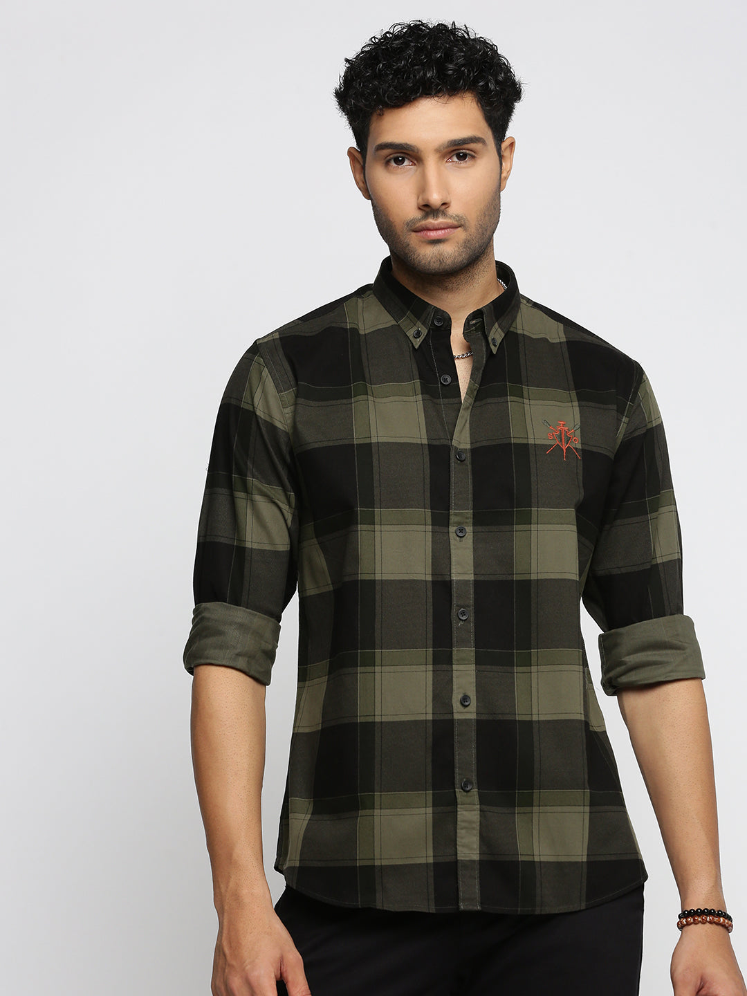 Men Black Spread Collar Tartan Checks Shirt