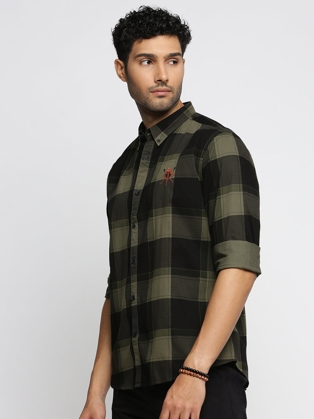 Men Black Spread Collar Tartan Checks Shirt