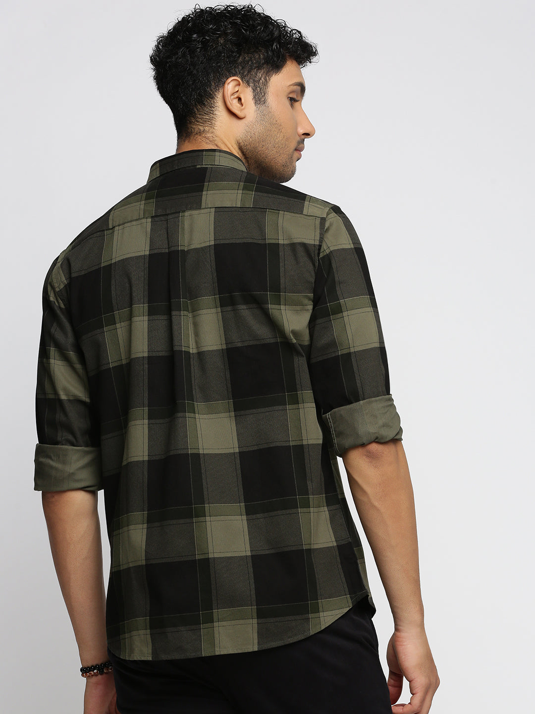 Men Black Spread Collar Tartan Checks Shirt