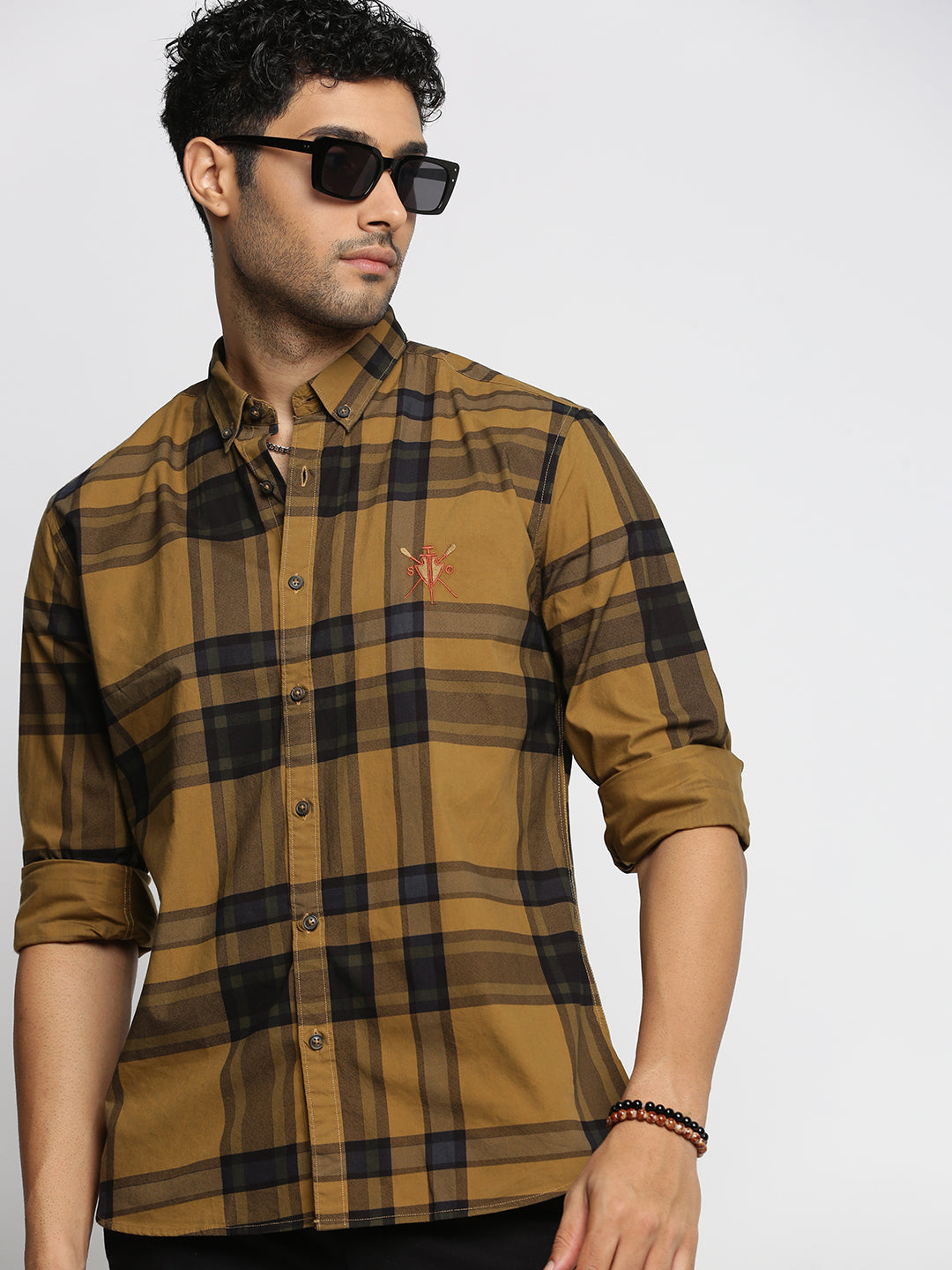 Men Mustard Spread Collar Tartan Checks Shirt