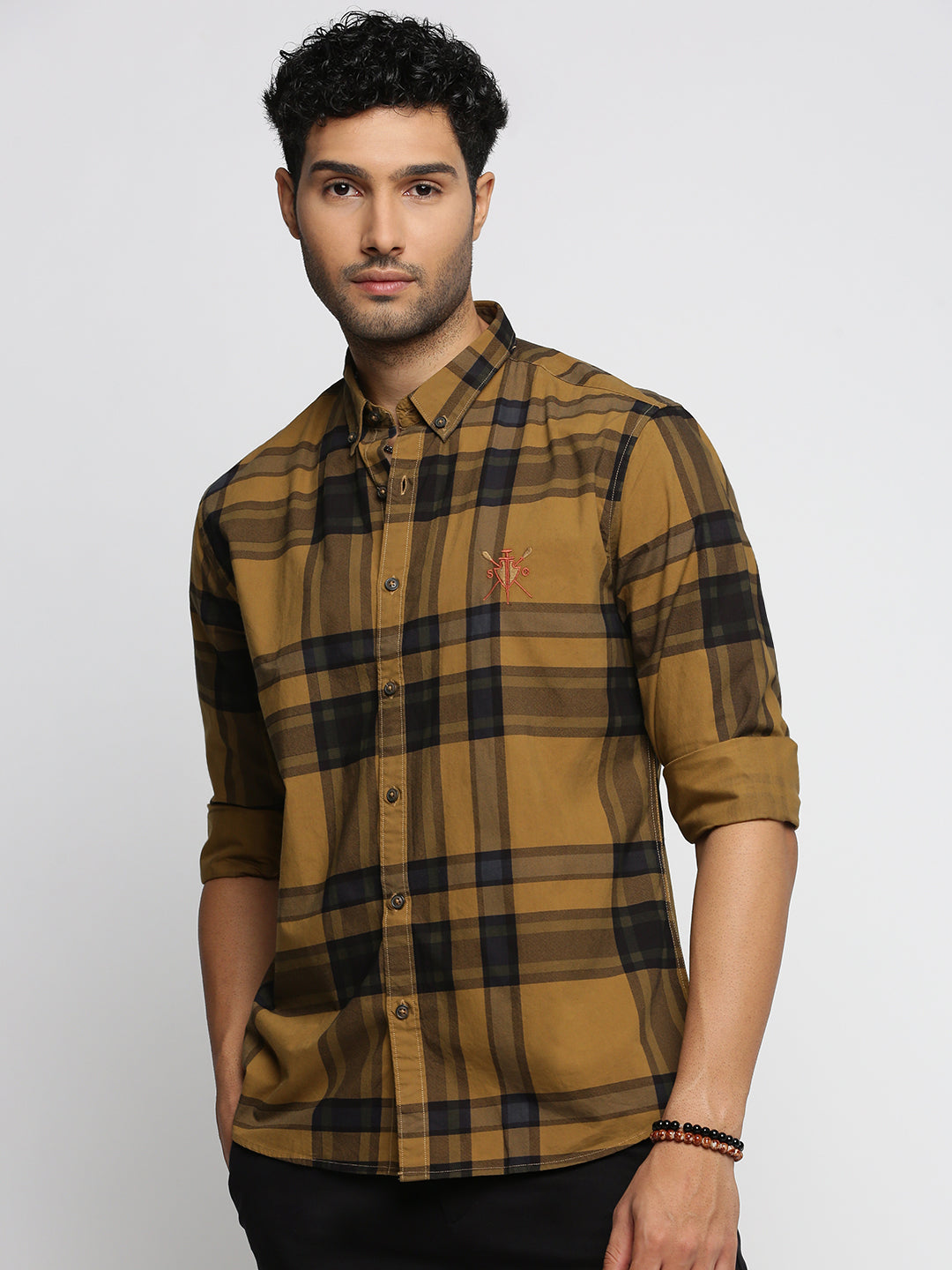 Men Mustard Spread Collar Tartan Checks Shirt