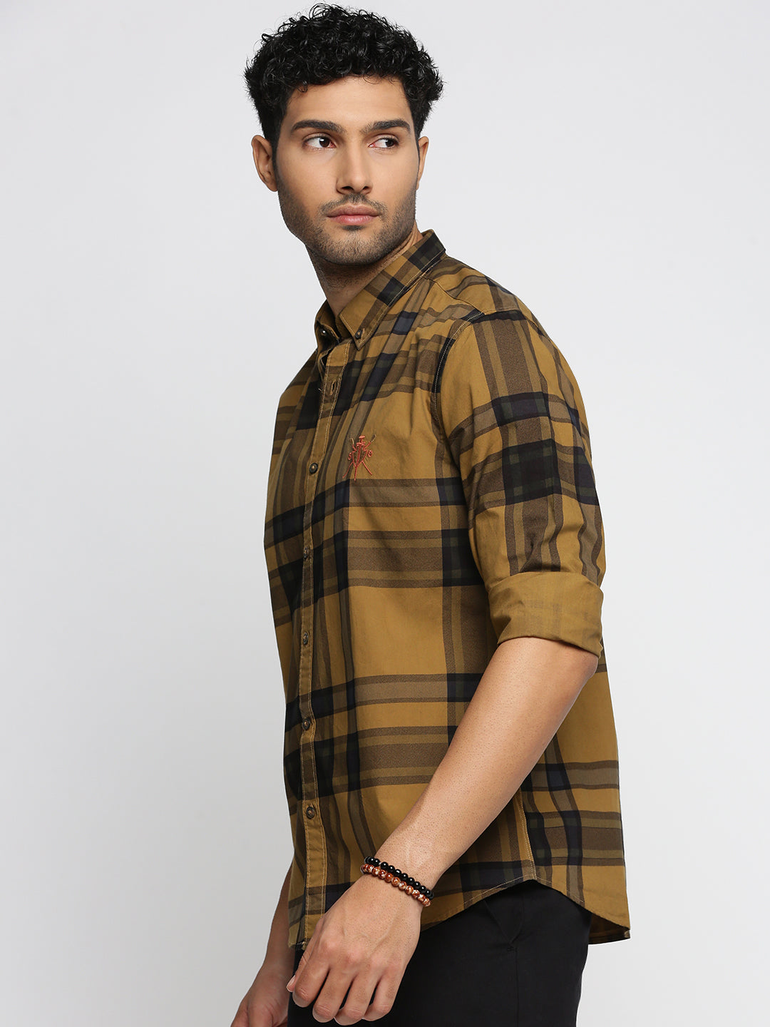 Men Mustard Spread Collar Tartan Checks Shirt