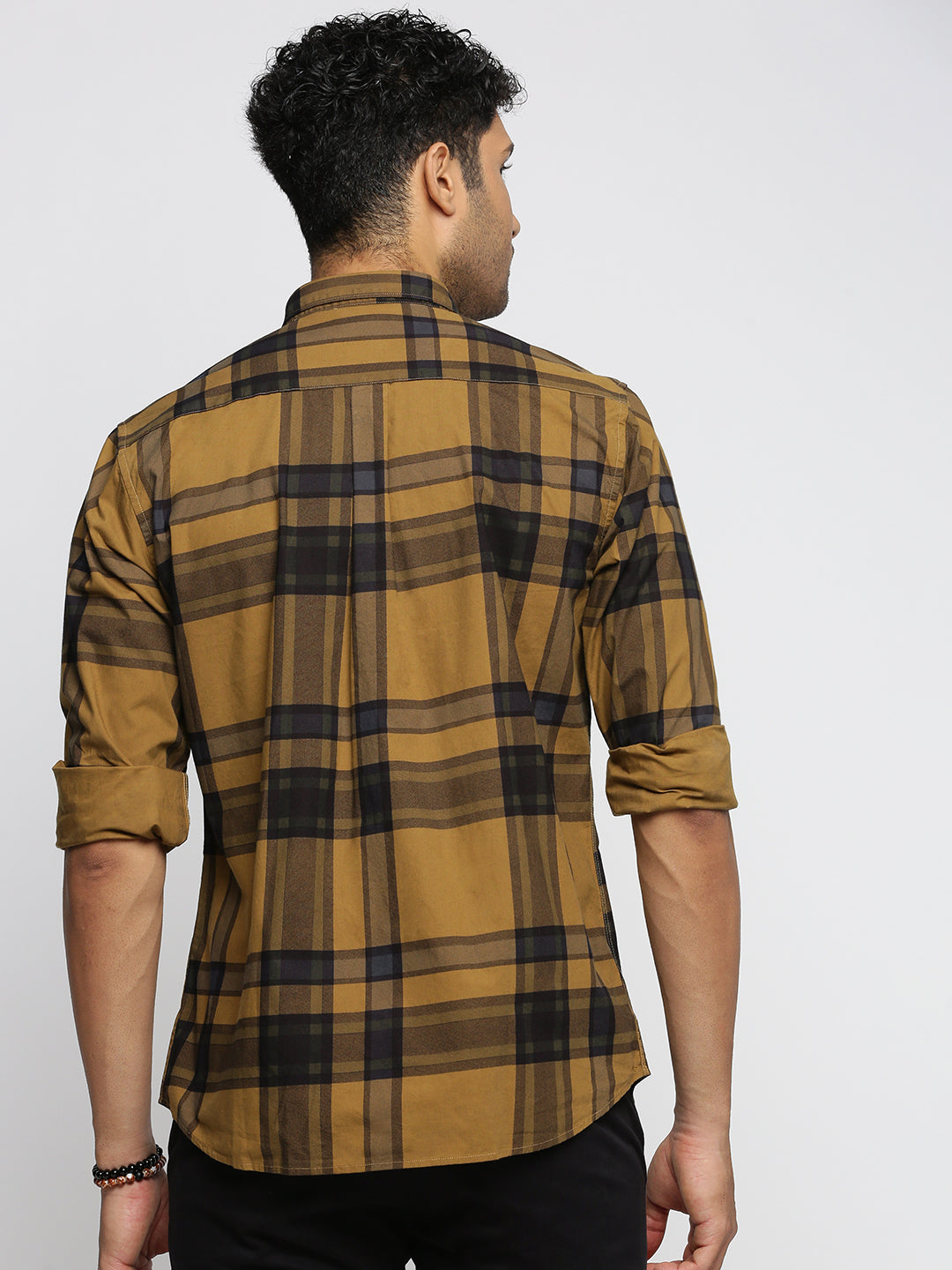 Men Mustard Spread Collar Tartan Checks Shirt