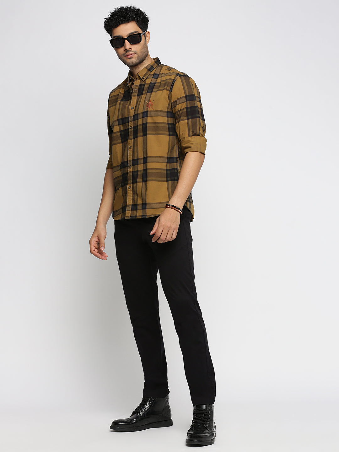 Men Mustard Spread Collar Tartan Checks Shirt