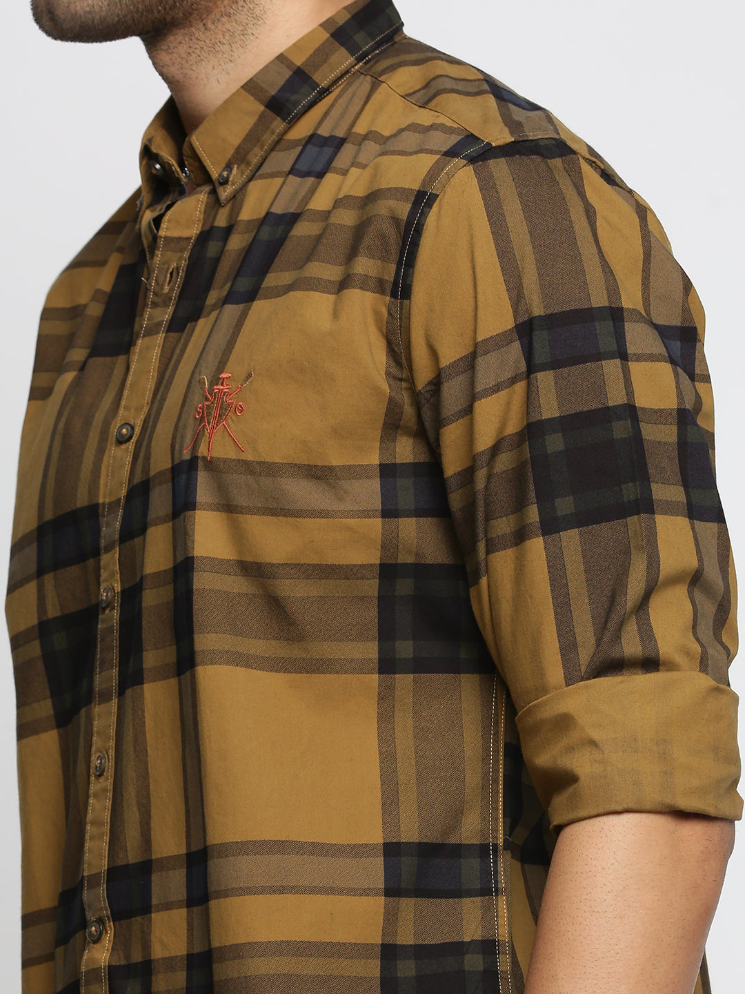 Men Mustard Spread Collar Tartan Checks Shirt