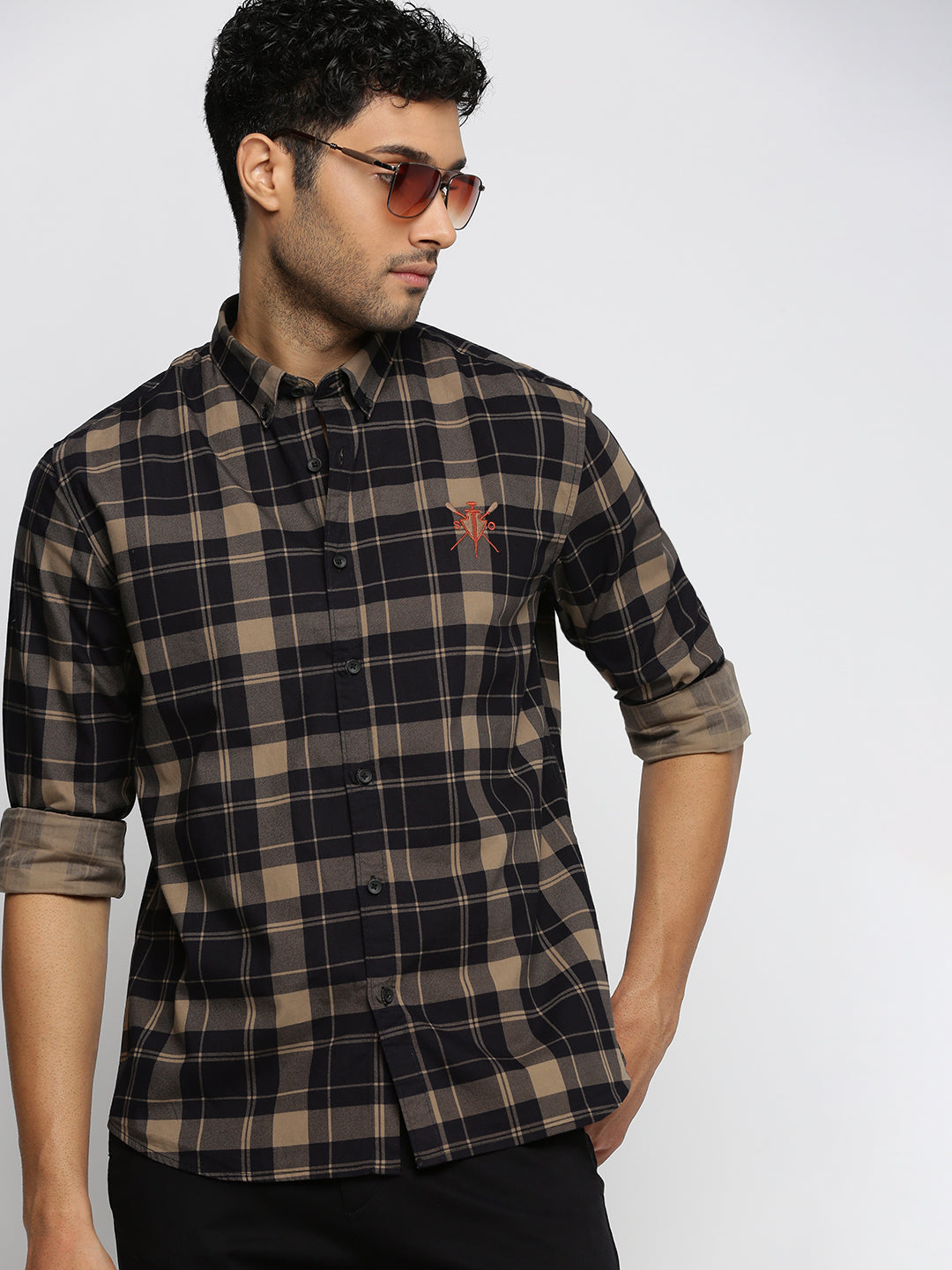 Men Black Spread Collar Tartan Checks Shirt