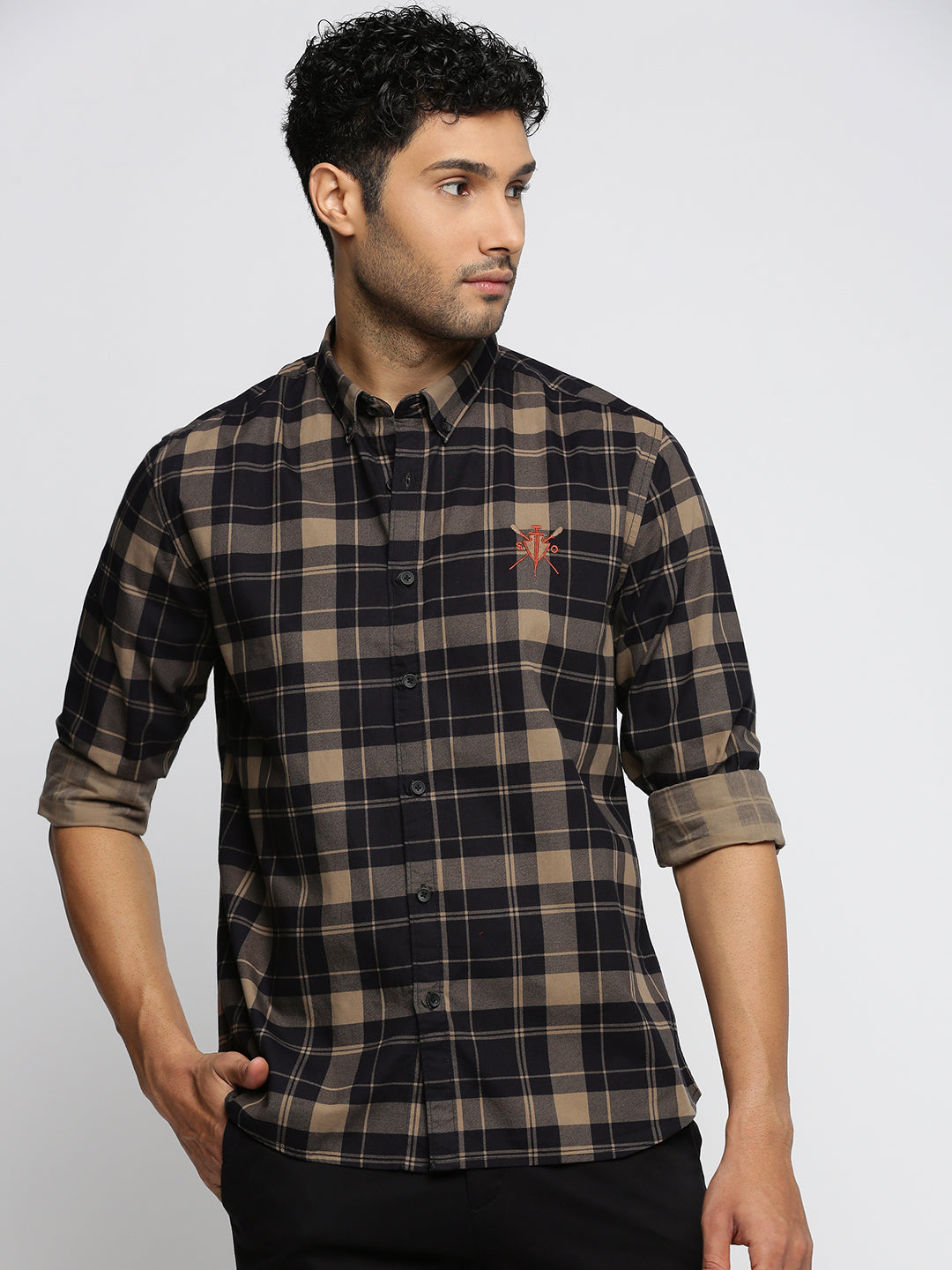 Men Black Spread Collar Tartan Checks Shirt