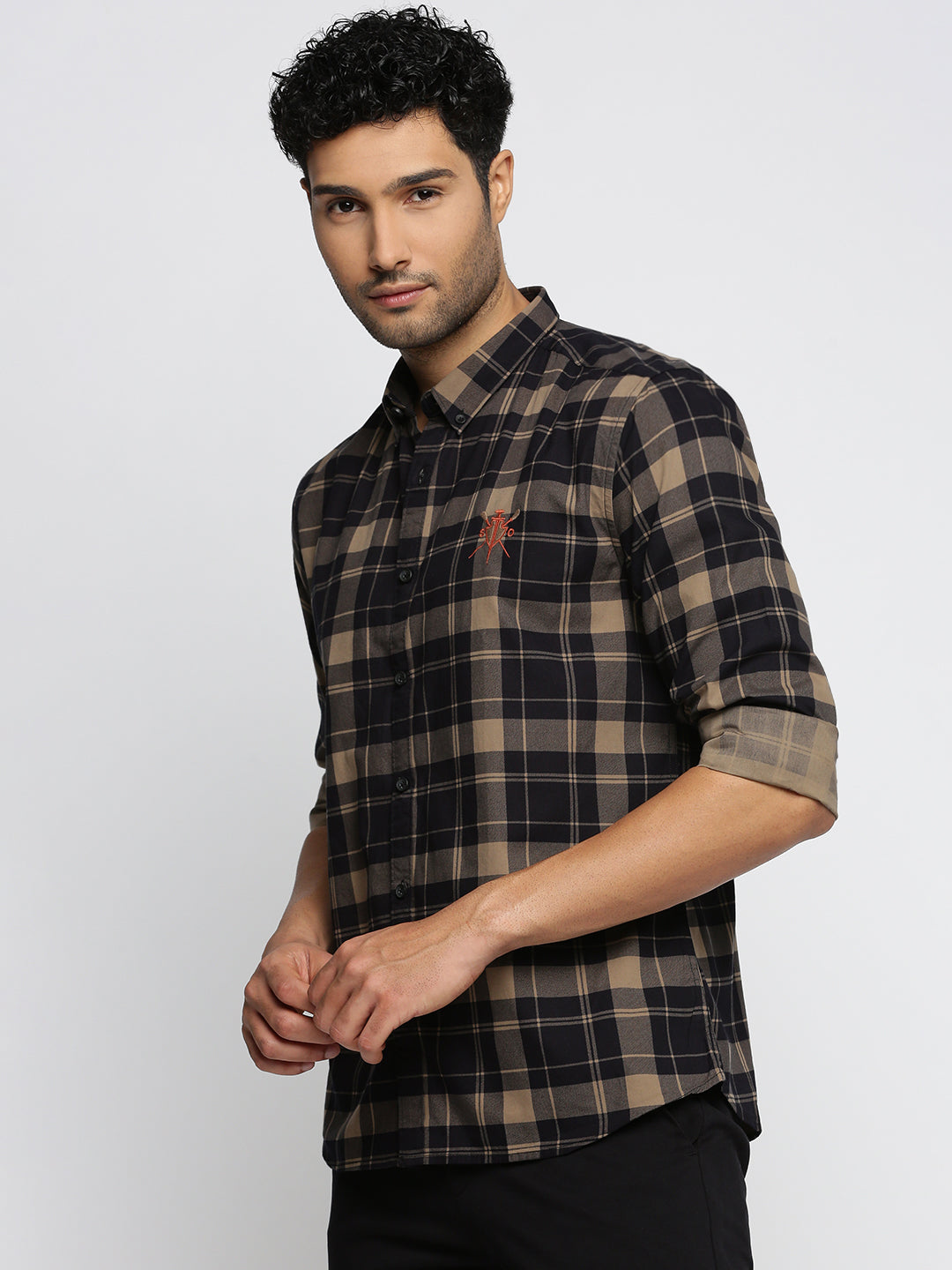 Men Black Spread Collar Tartan Checks Shirt