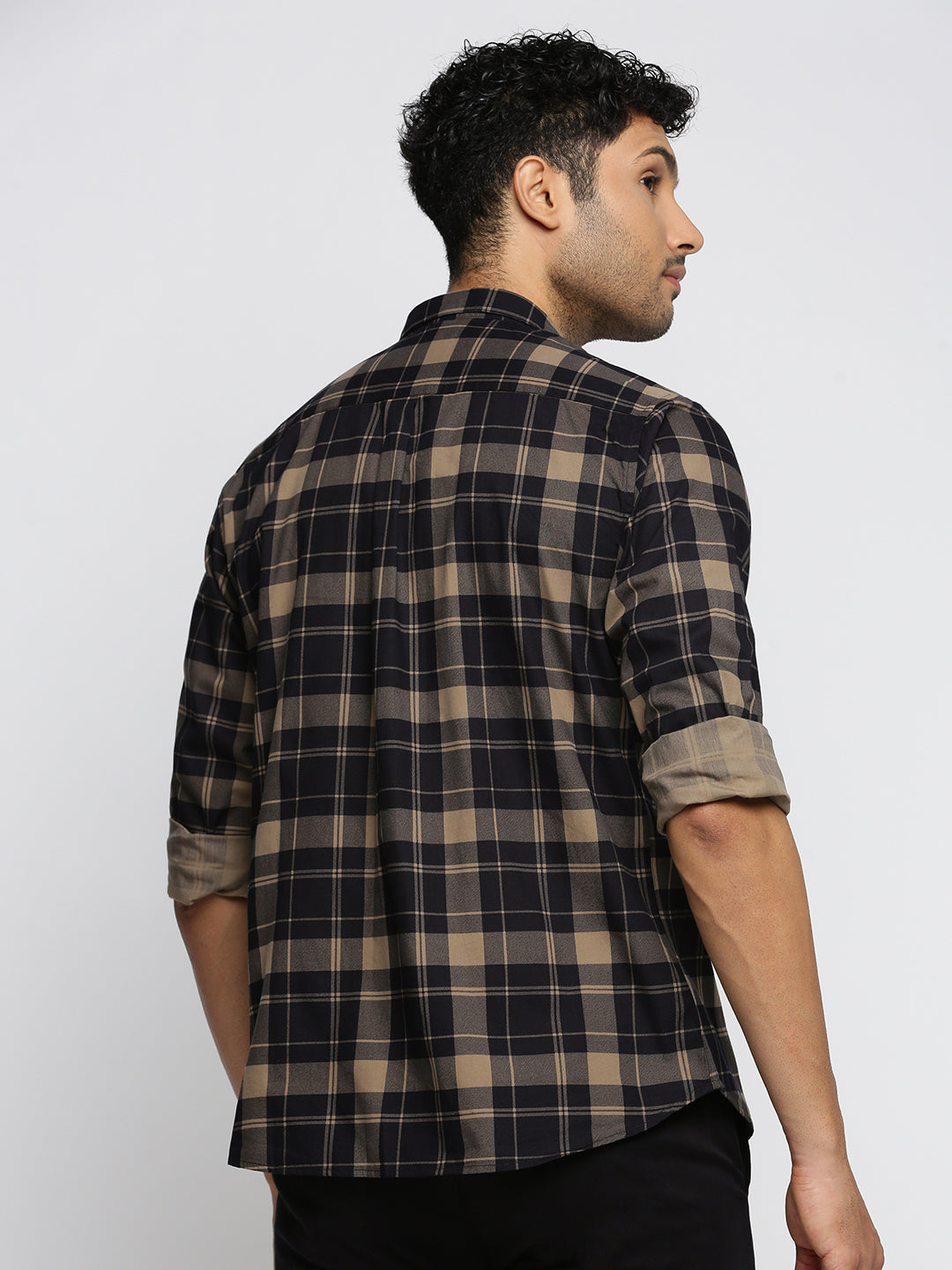 Men Black Spread Collar Tartan Checks Shirt