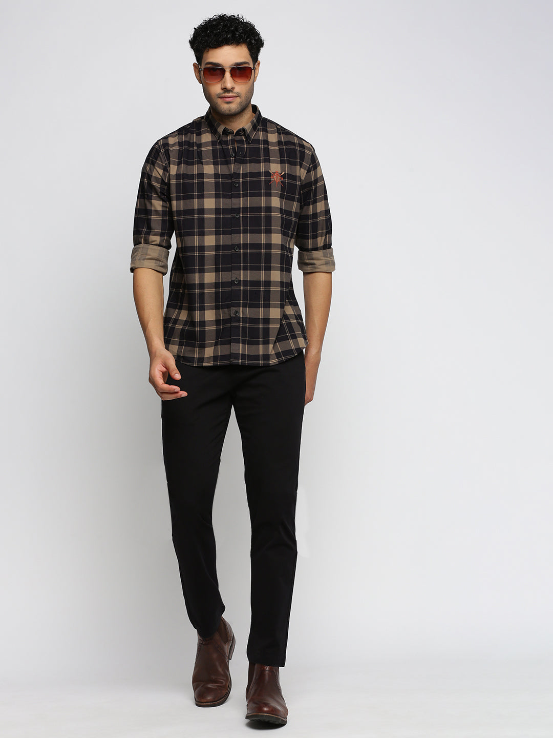 Men Black Spread Collar Tartan Checks Shirt