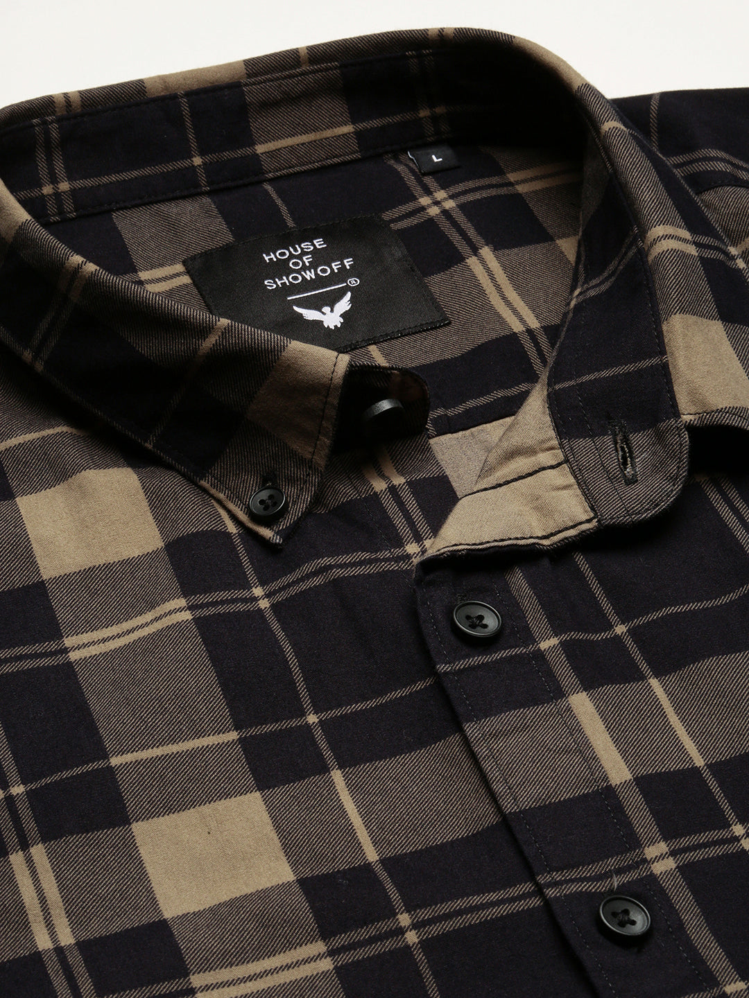 Men Black Spread Collar Tartan Checks Shirt