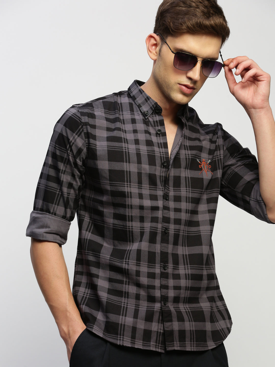 Men Grey Checked Shirt