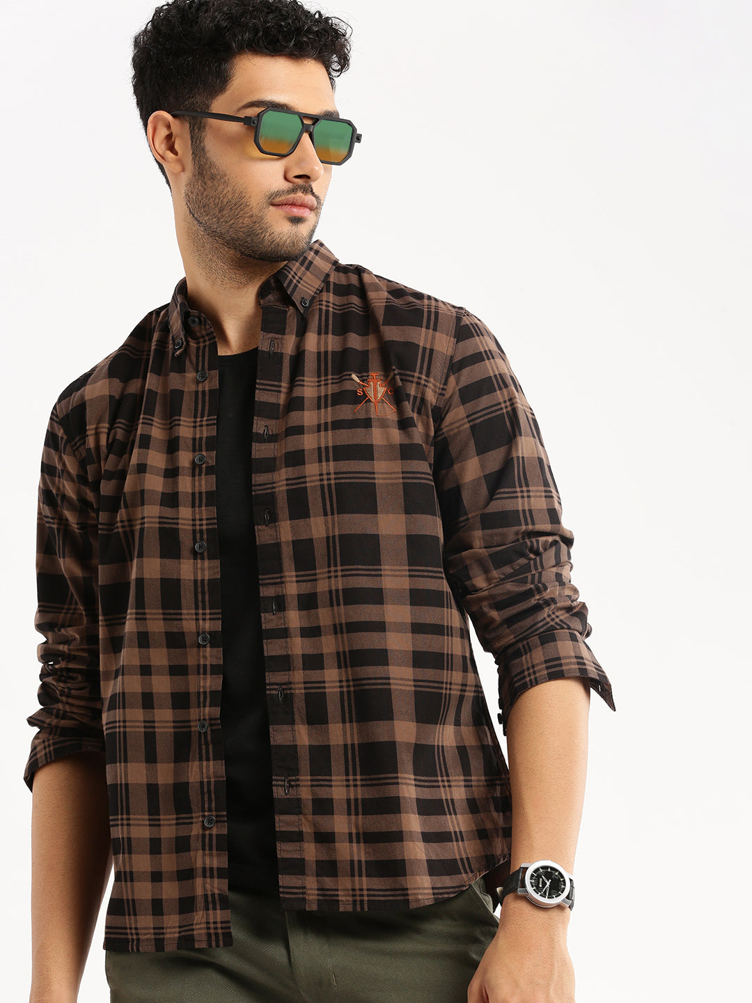 Men Brown Spread Collar Tartan Checks Shirt