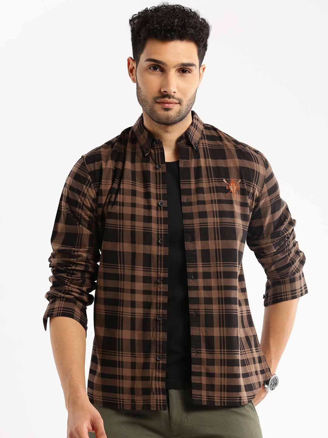 Men Brown Spread Collar Tartan Checks Shirt