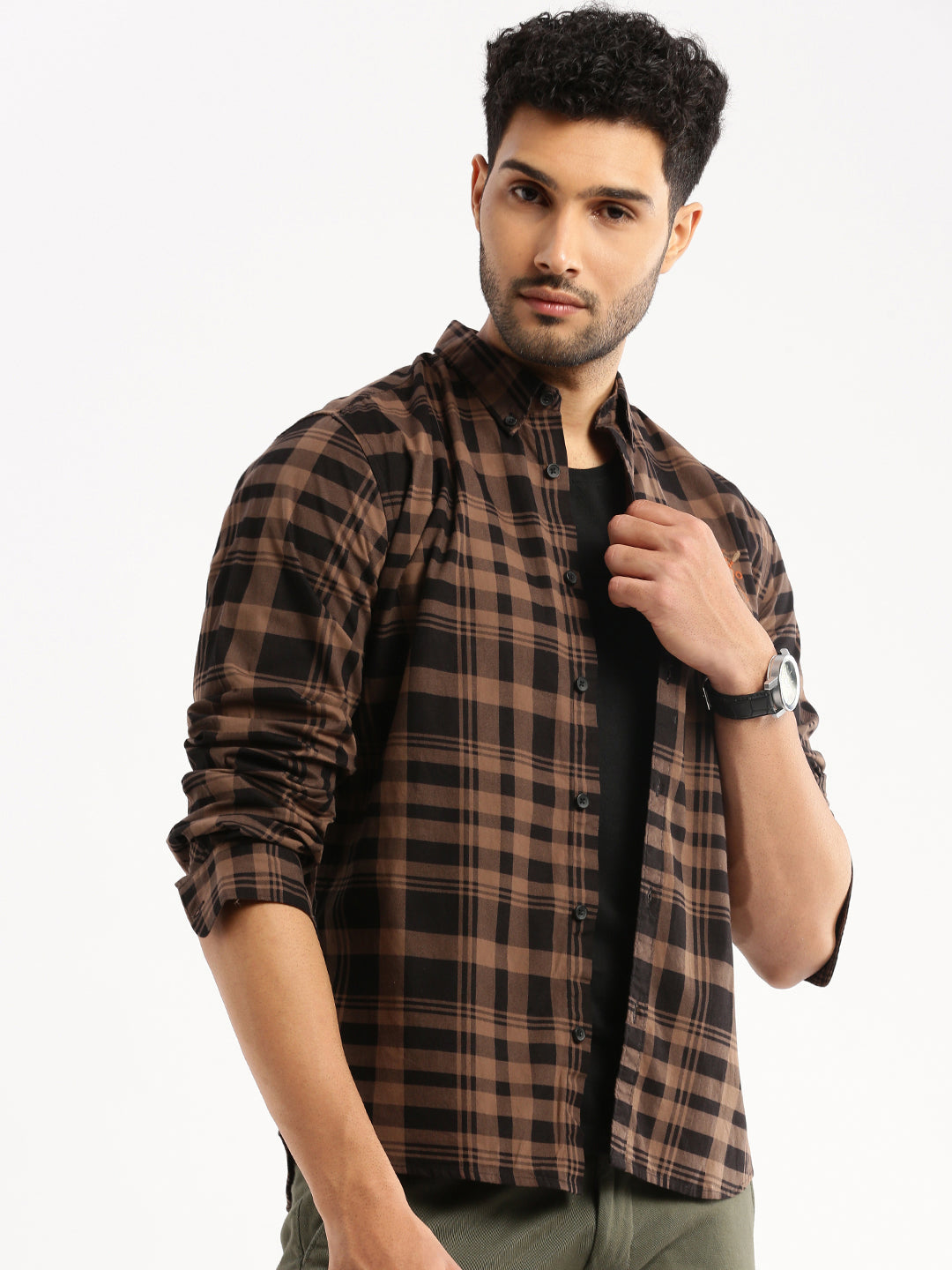 Men Brown Spread Collar Tartan Checks Shirt