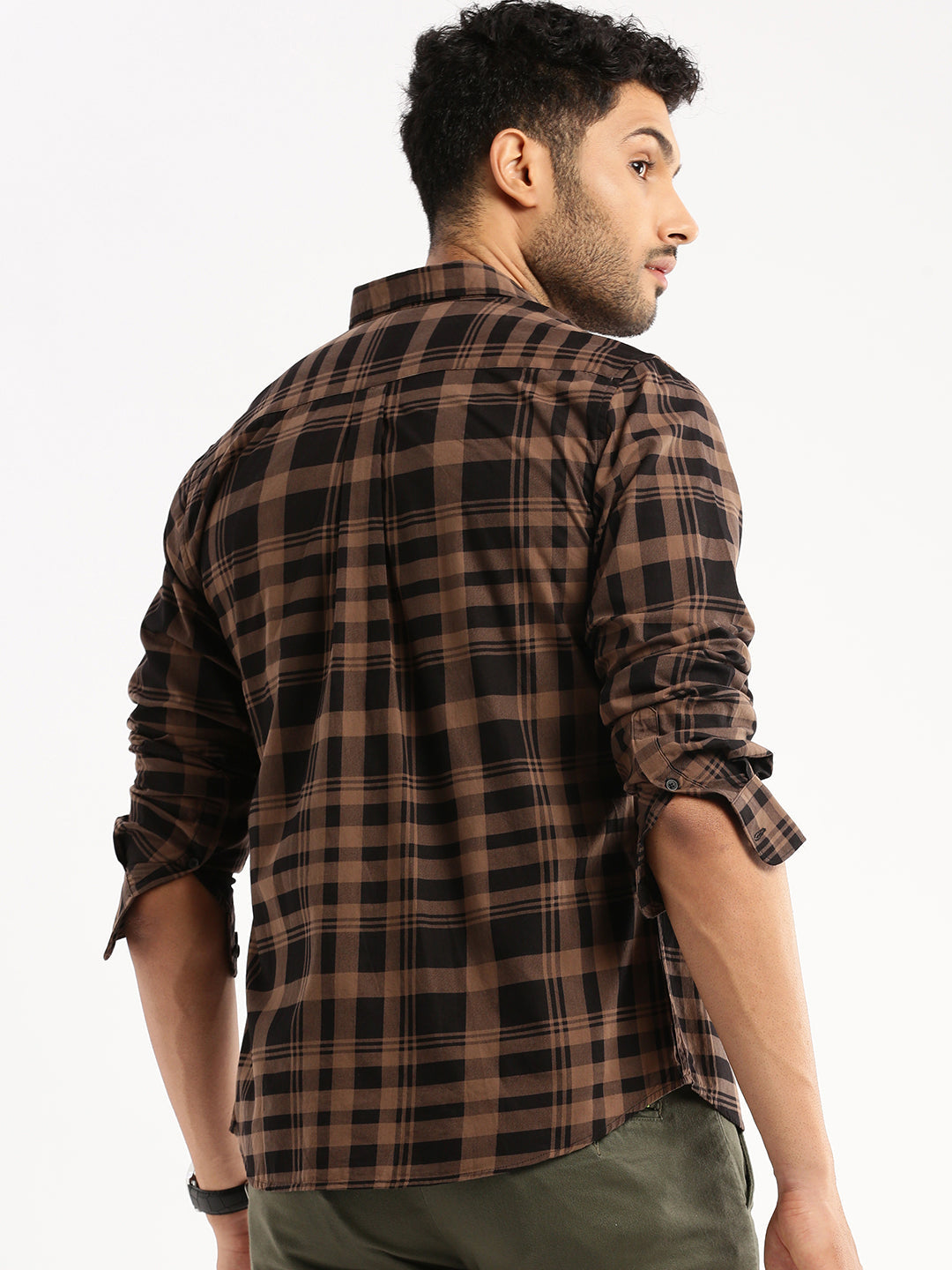 Men Brown Spread Collar Tartan Checks Shirt