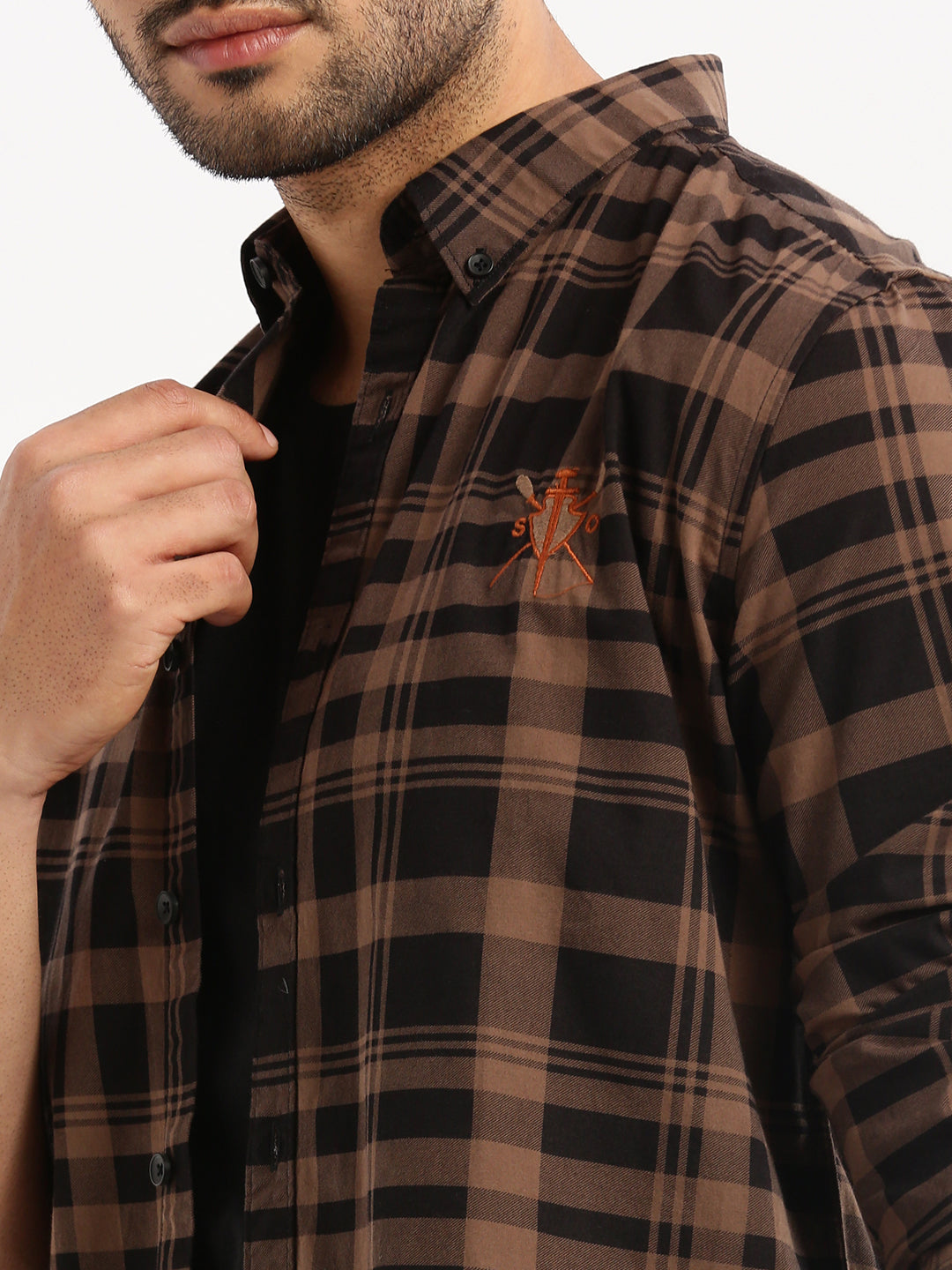 Men Brown Spread Collar Tartan Checks Shirt