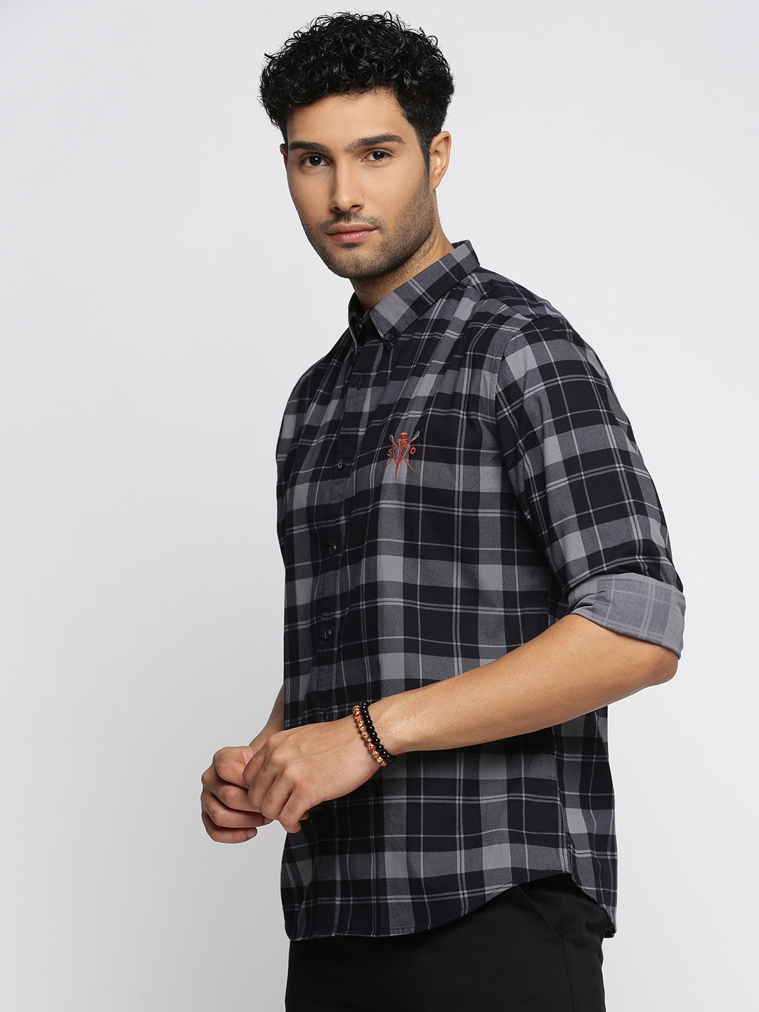 Men Navy Blue Spread Collar Tartan Checks Shirt