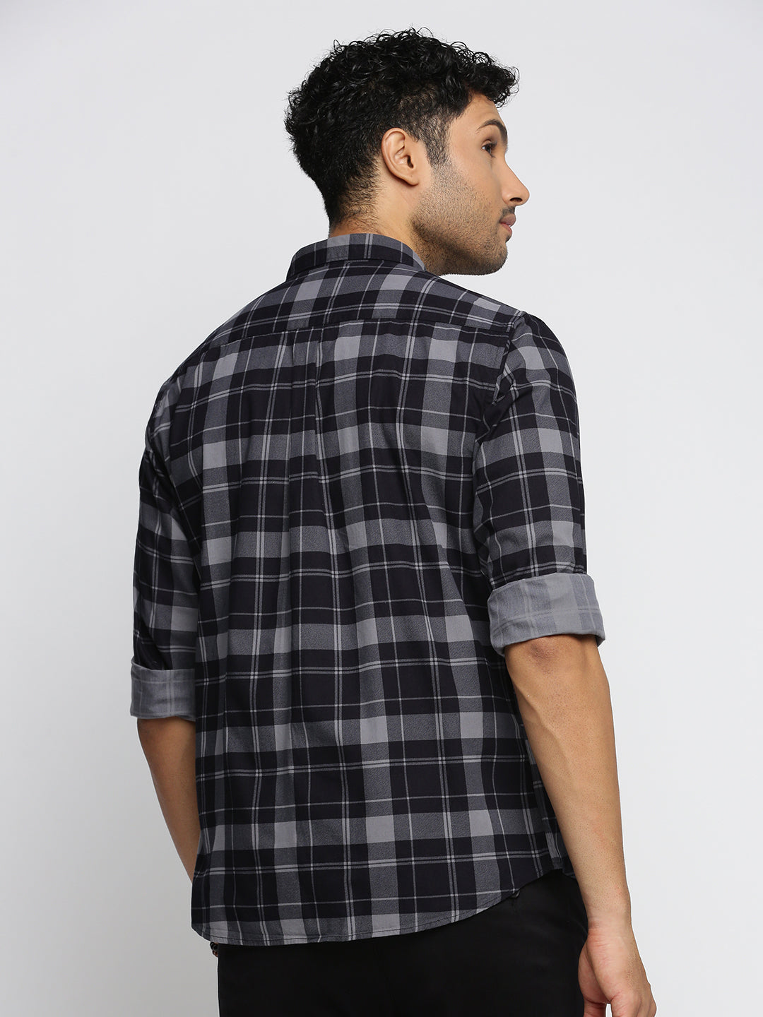 Men Navy Blue Spread Collar Tartan Checks Shirt