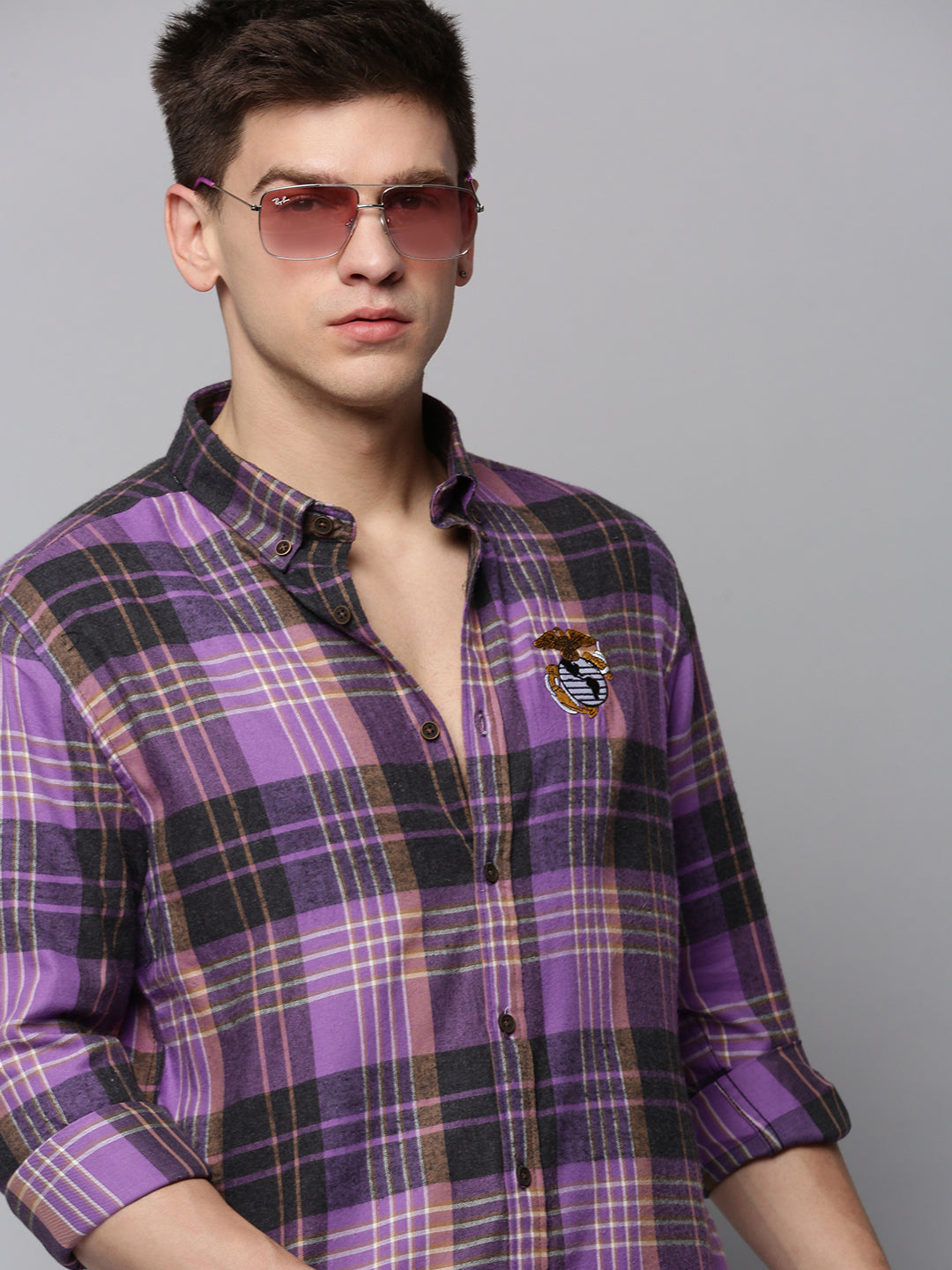 Men Purple Checked Casual Shirt