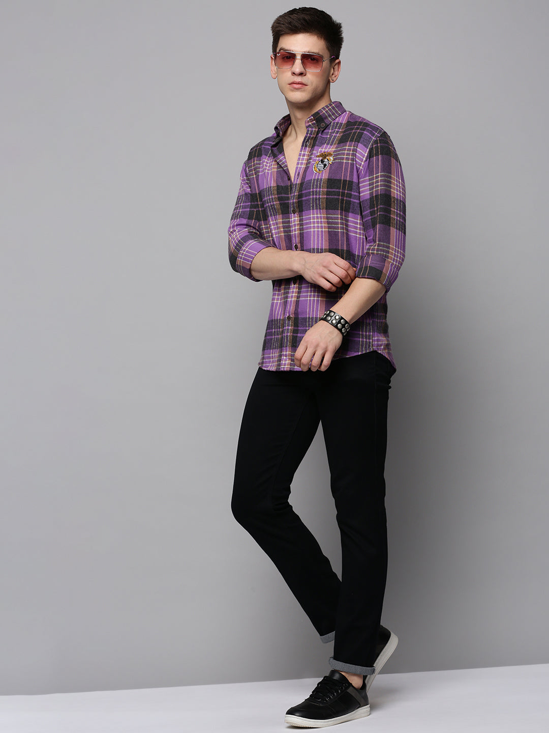 Men Purple Checked Casual Shirt