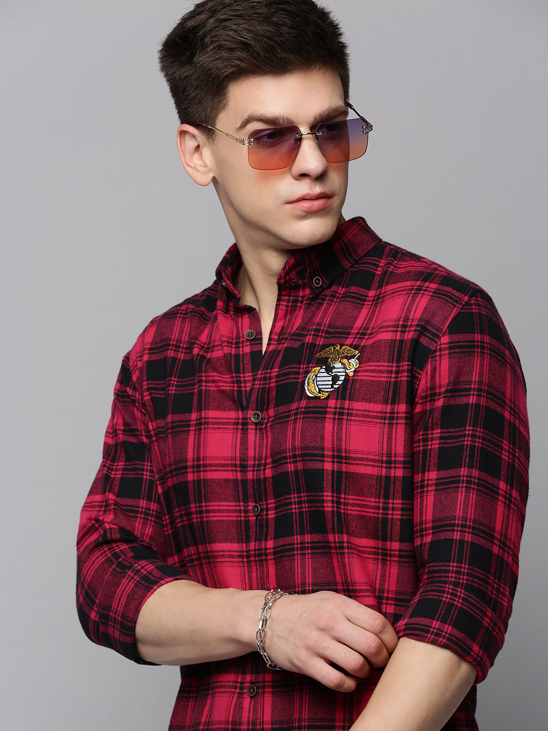 Men's Magenta Classic Tartan Checked Casual Cotton Shirt