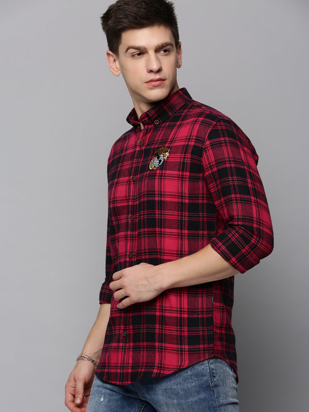 Men's Magenta Classic Tartan Checked Casual Cotton Shirt