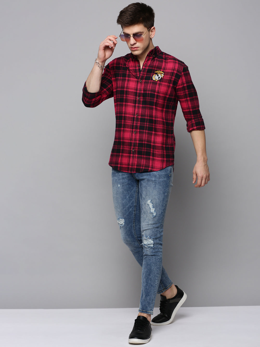 Men's Magenta Classic Tartan Checked Casual Cotton Shirt