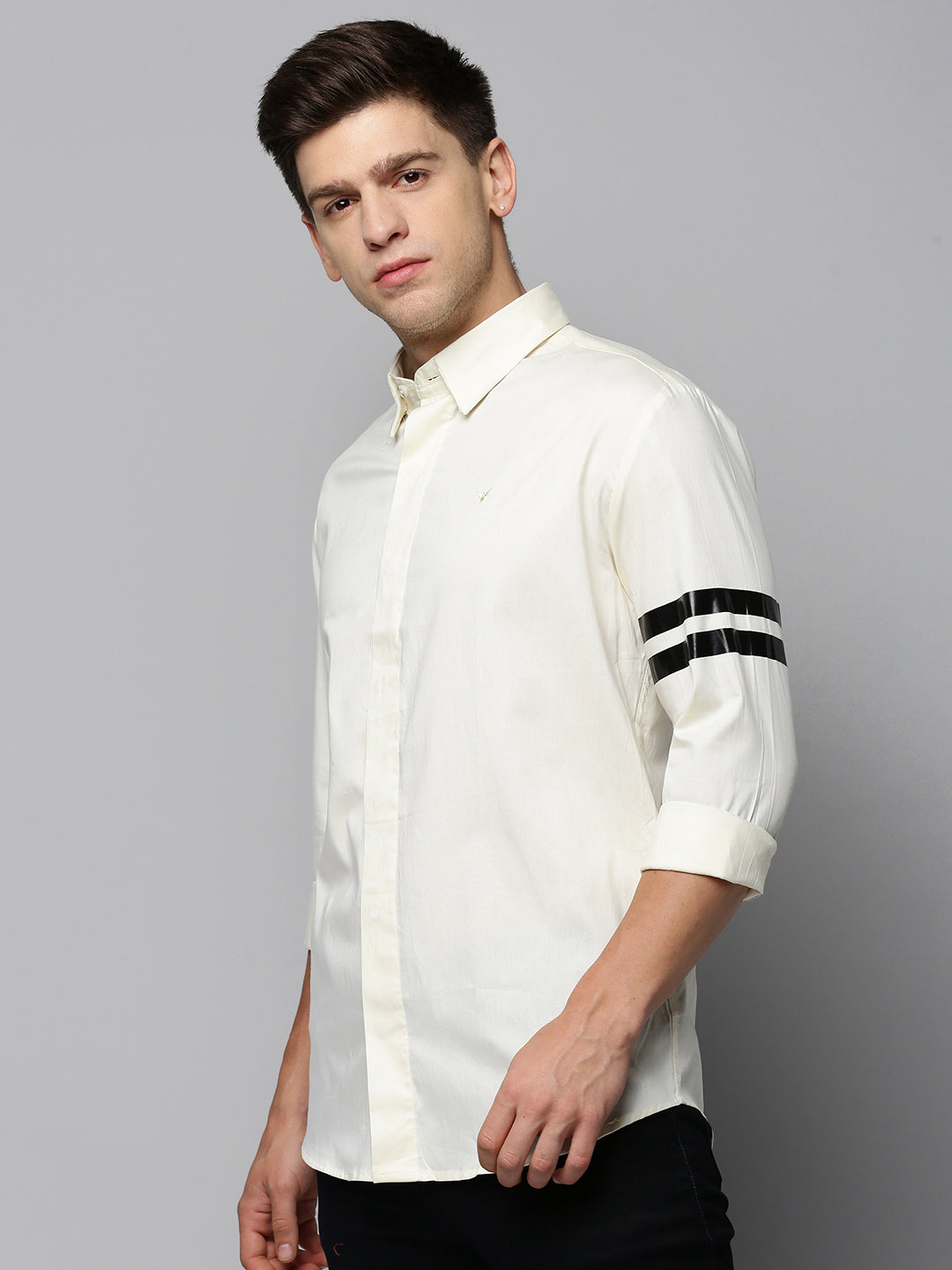 Men Cream Solid Casual Shirt