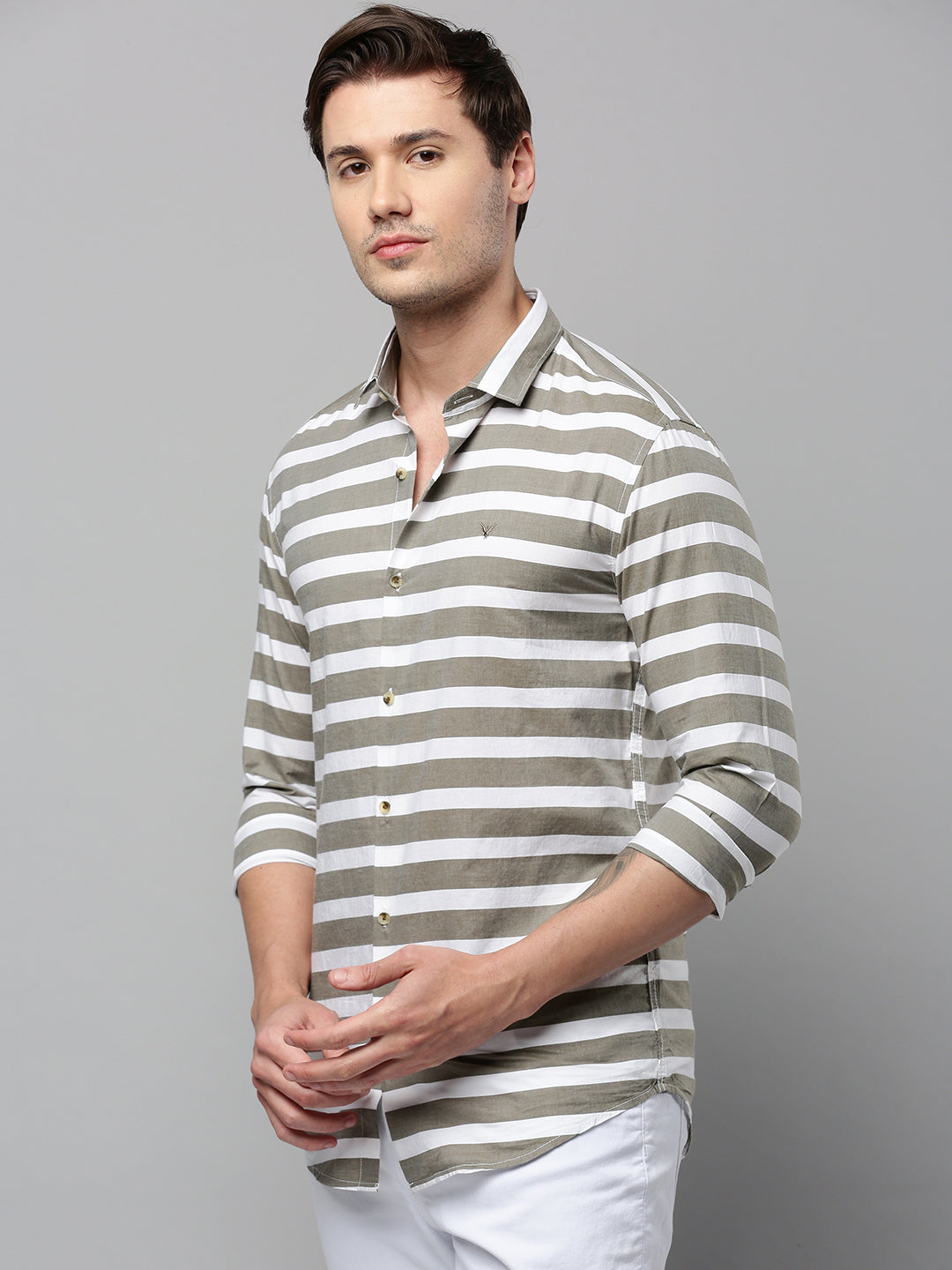 Men Grey Striped Casual Shirt