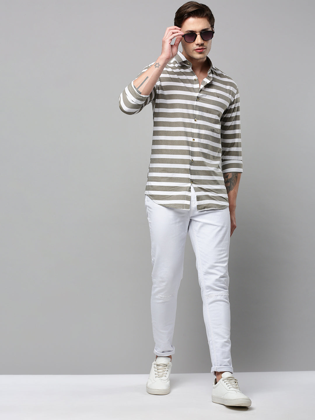 Men Grey Striped Casual Shirt