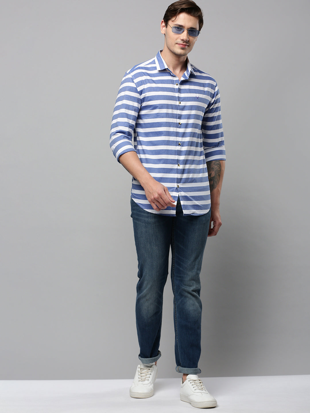 Men Blue Striped Casual Shirt