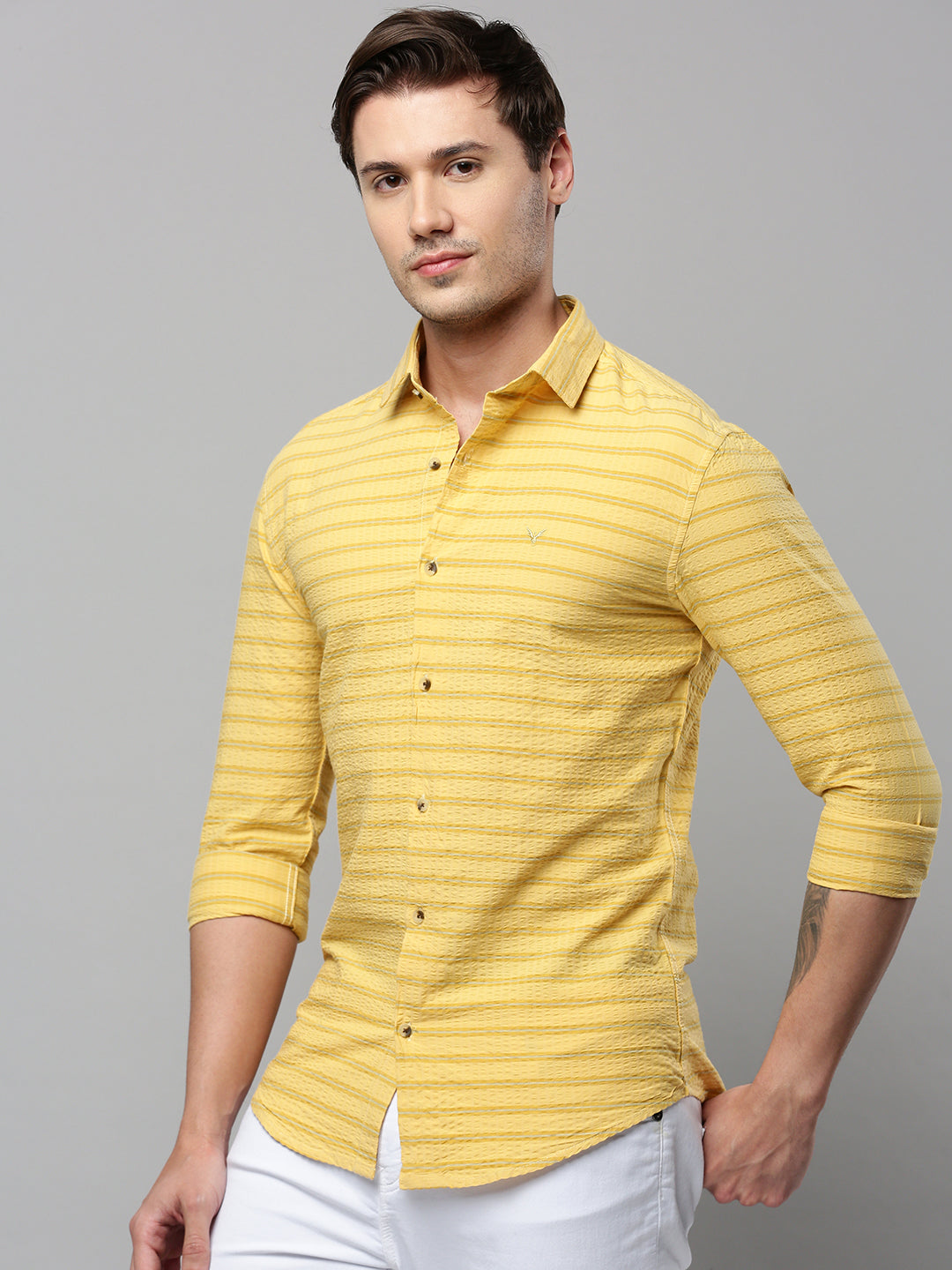 Men Yellow Striped Casual Shirt