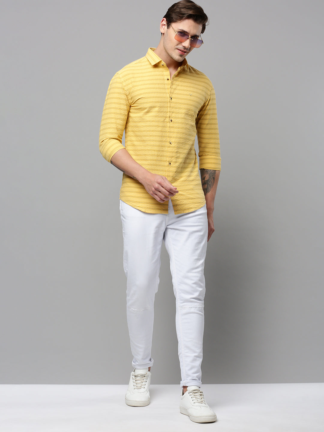 Men Yellow Striped Casual Shirt