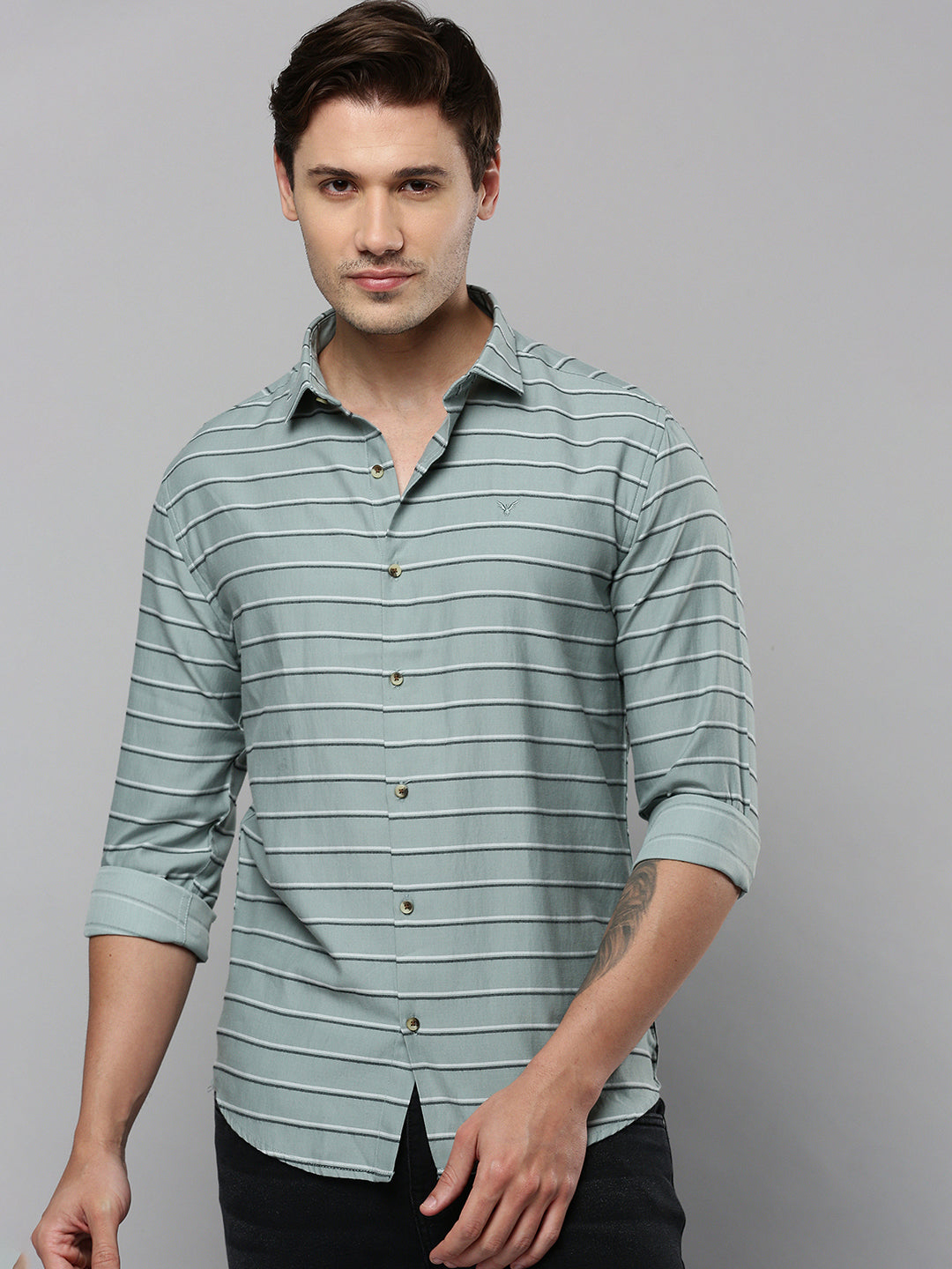 Men Green Striped Casual Shirt