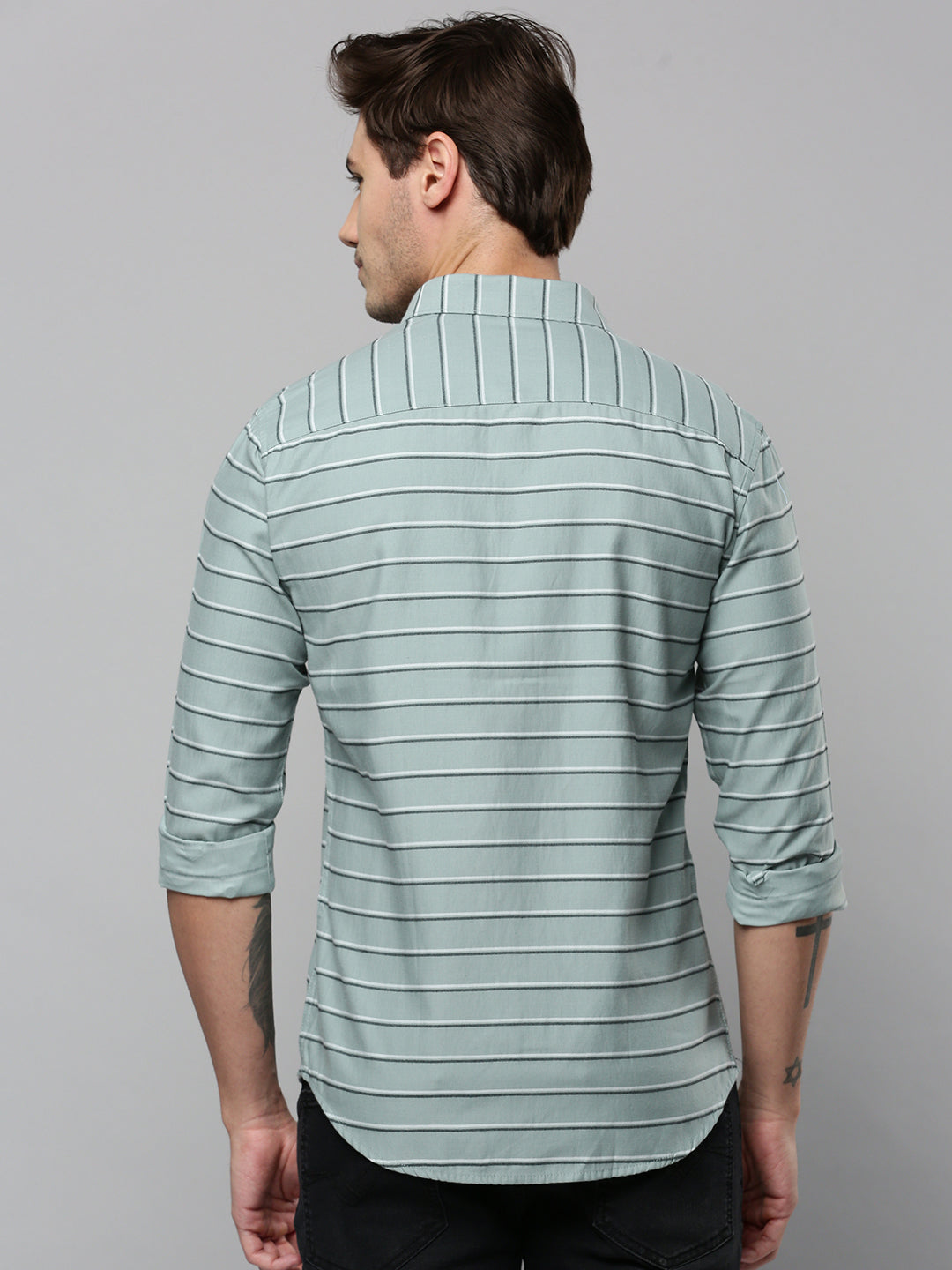 Men Green Striped Casual Shirt