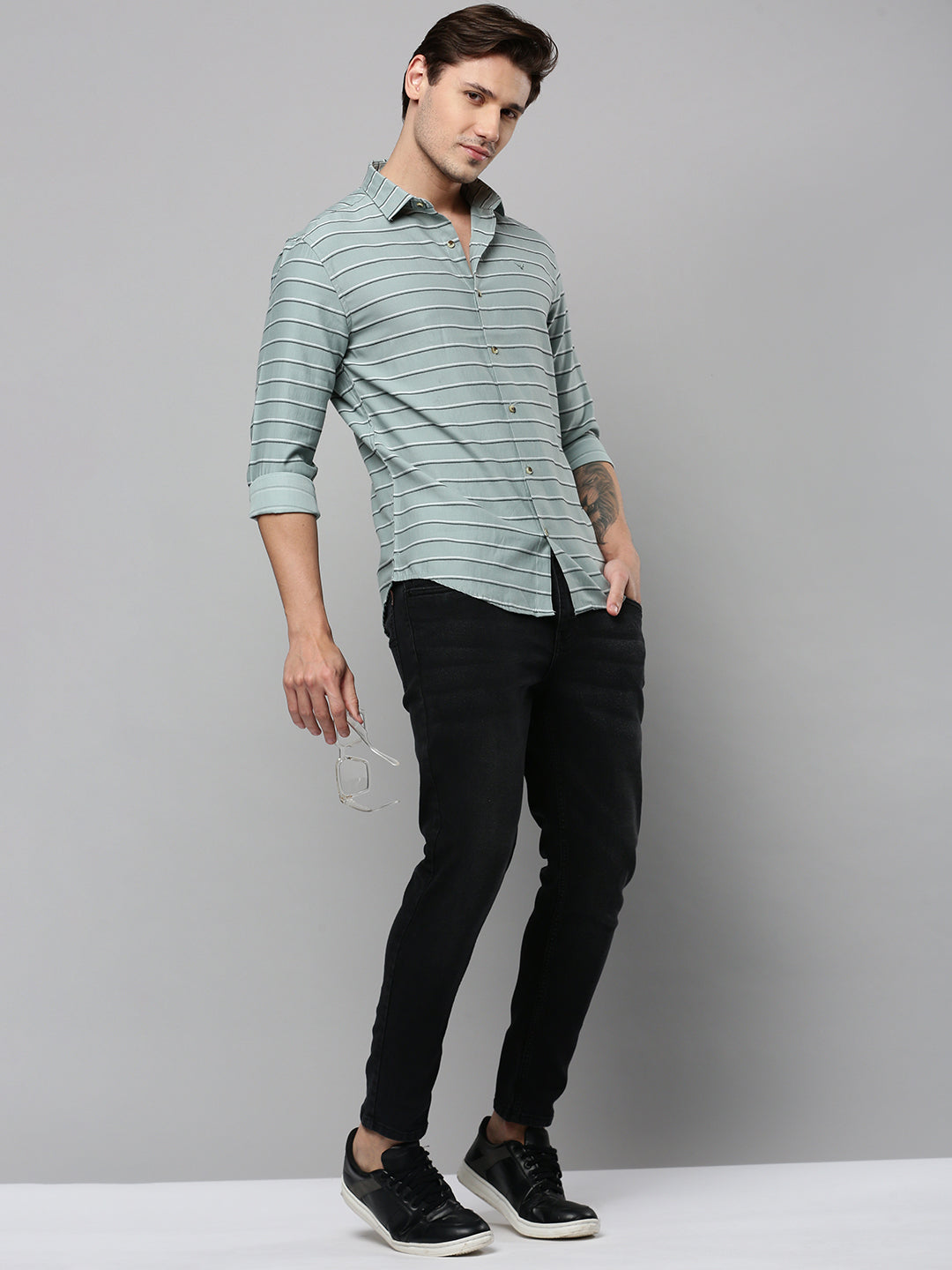 Men Green Striped Casual Shirt