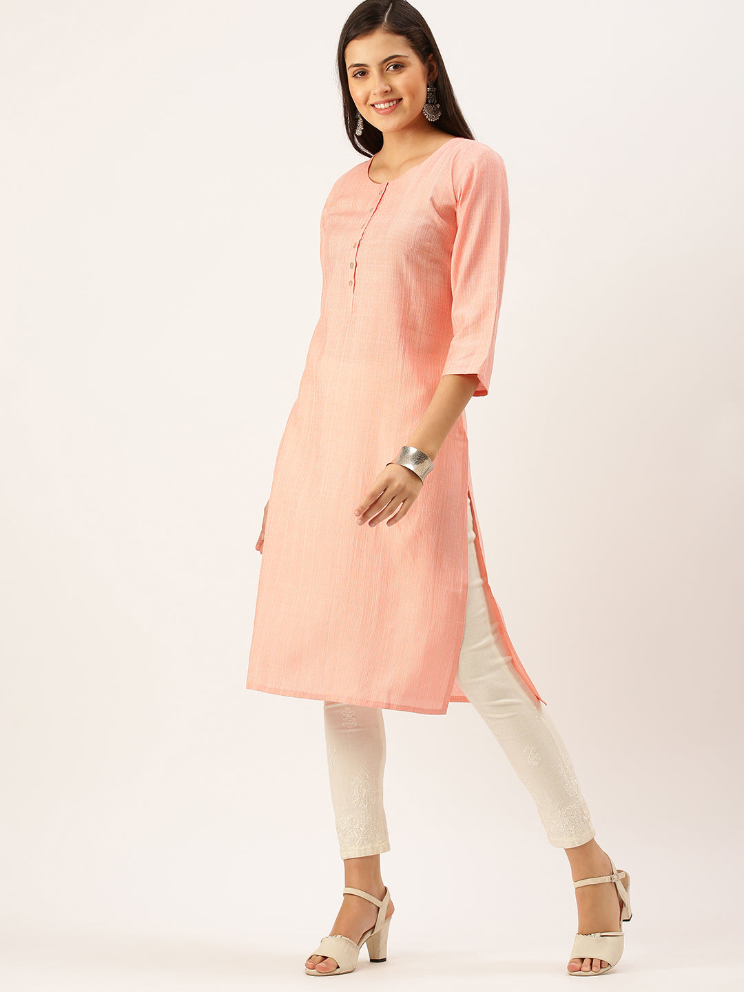 Women's Peach Solid Straight Kurta