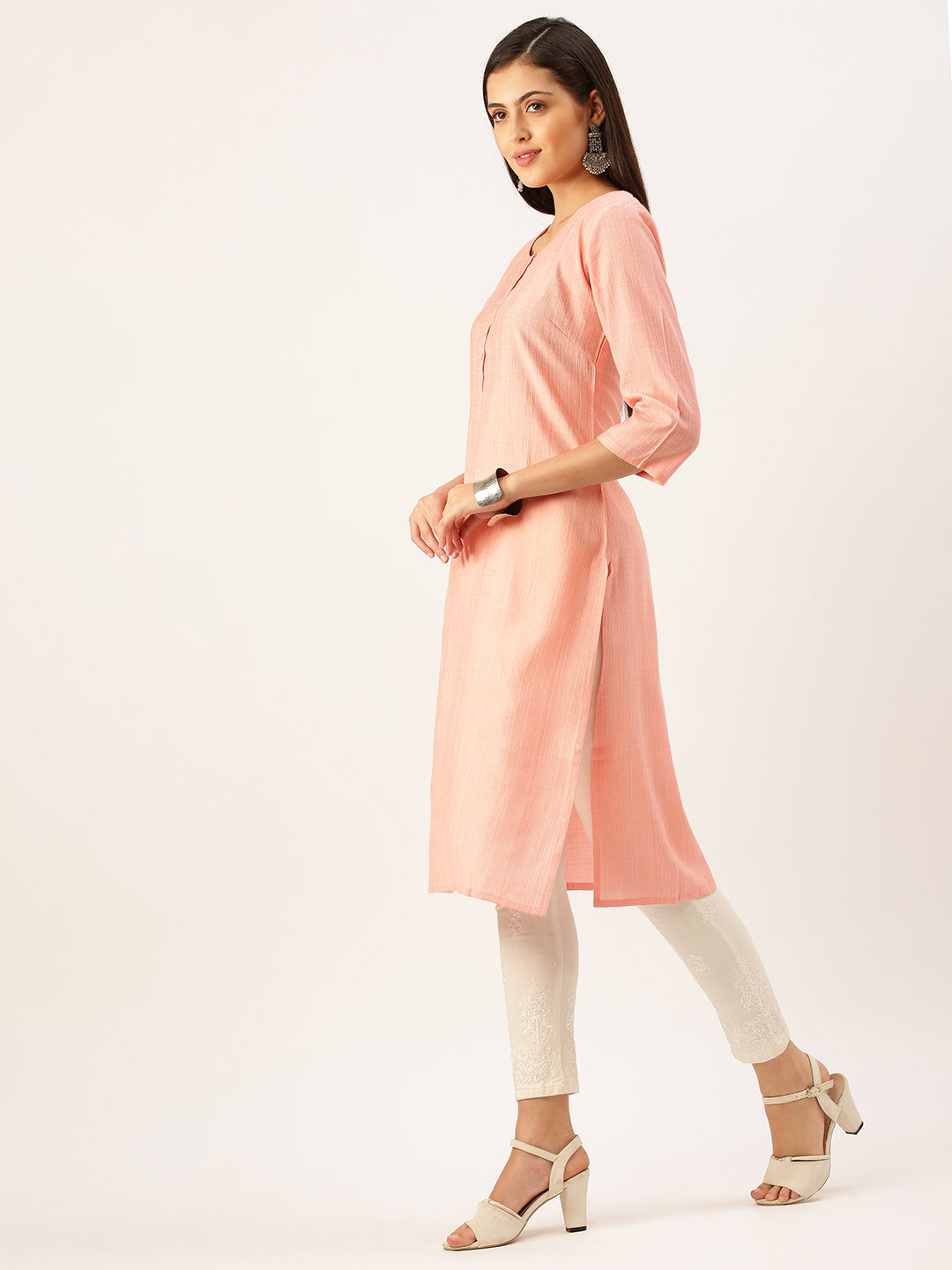 Women's Peach Solid Straight Kurta