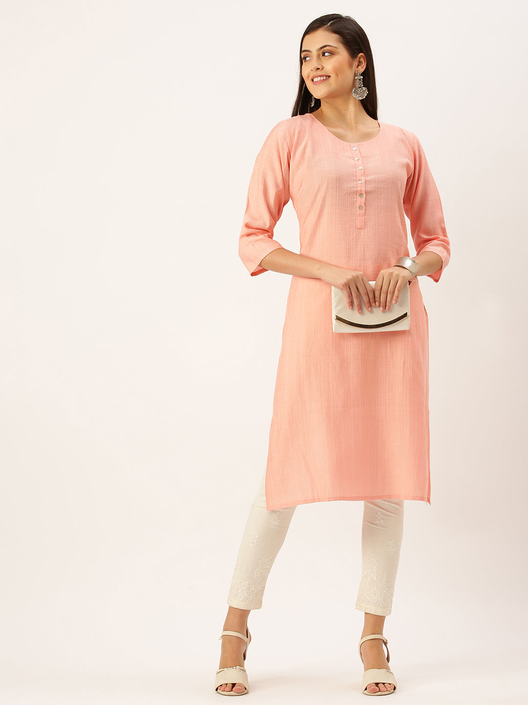 Women's Peach Solid Straight Kurta