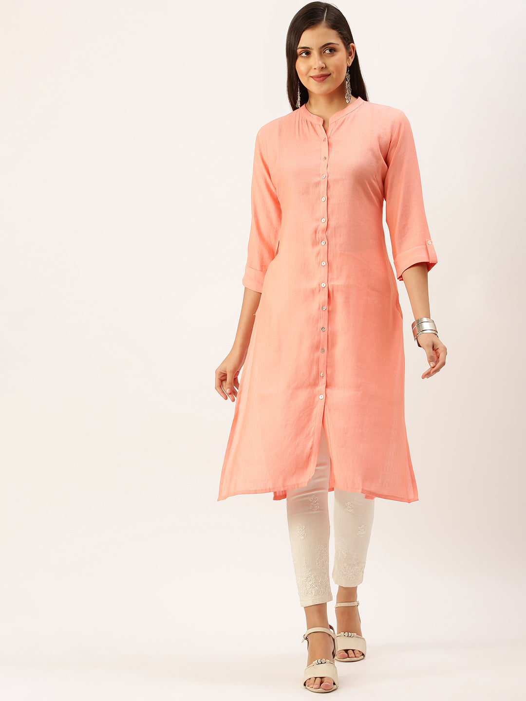 Women's Peach Solid Straight Kurta