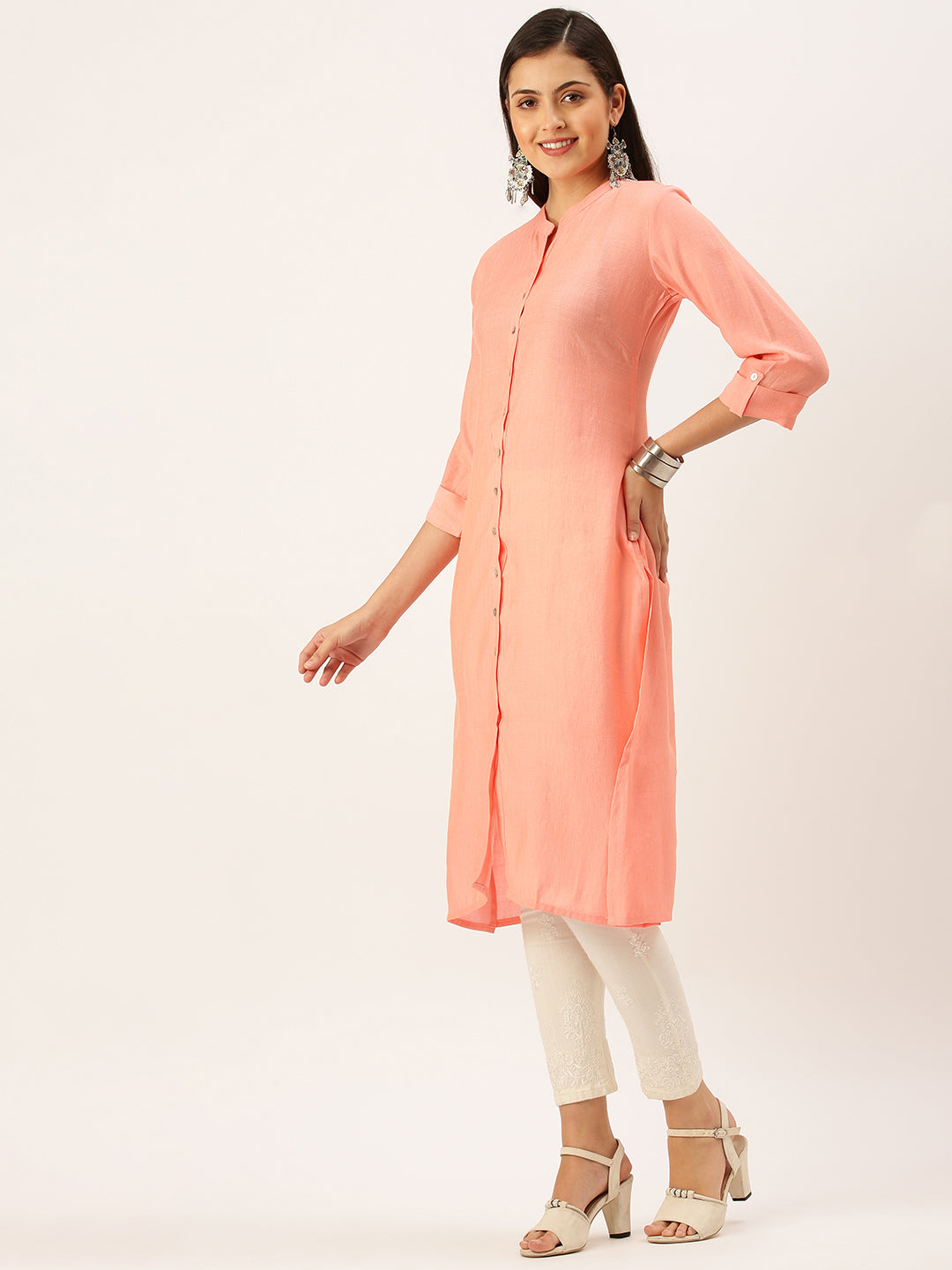 Women's Peach Solid Straight Kurta