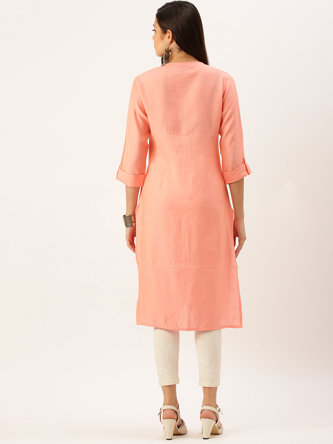 Women's Peach Solid Straight Kurta